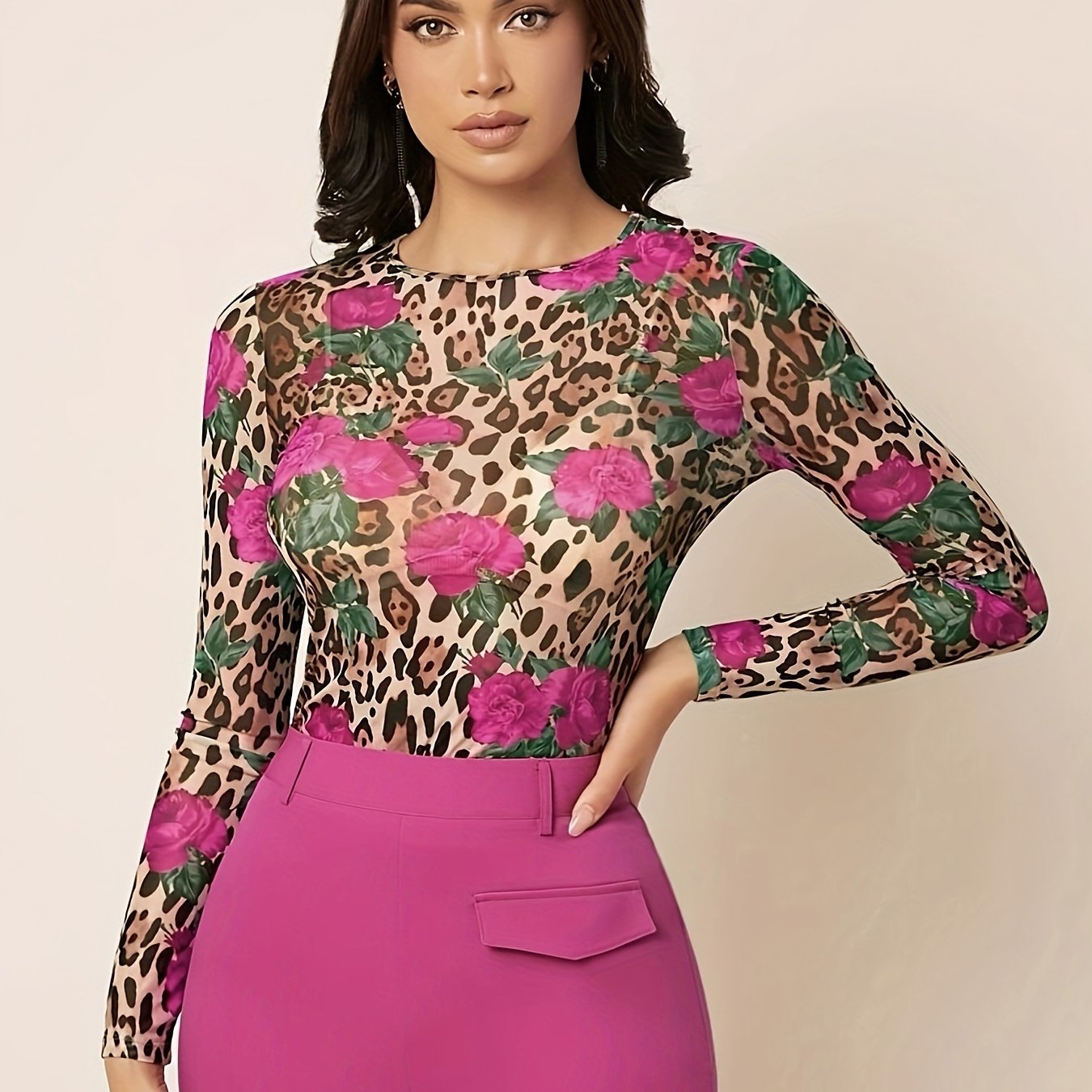 gbolsos Leopard & Floral Print Crew Neck T-Shirt, Versatile Long Sleeve T-Shirt For Spring & Fall, Women's Clothing