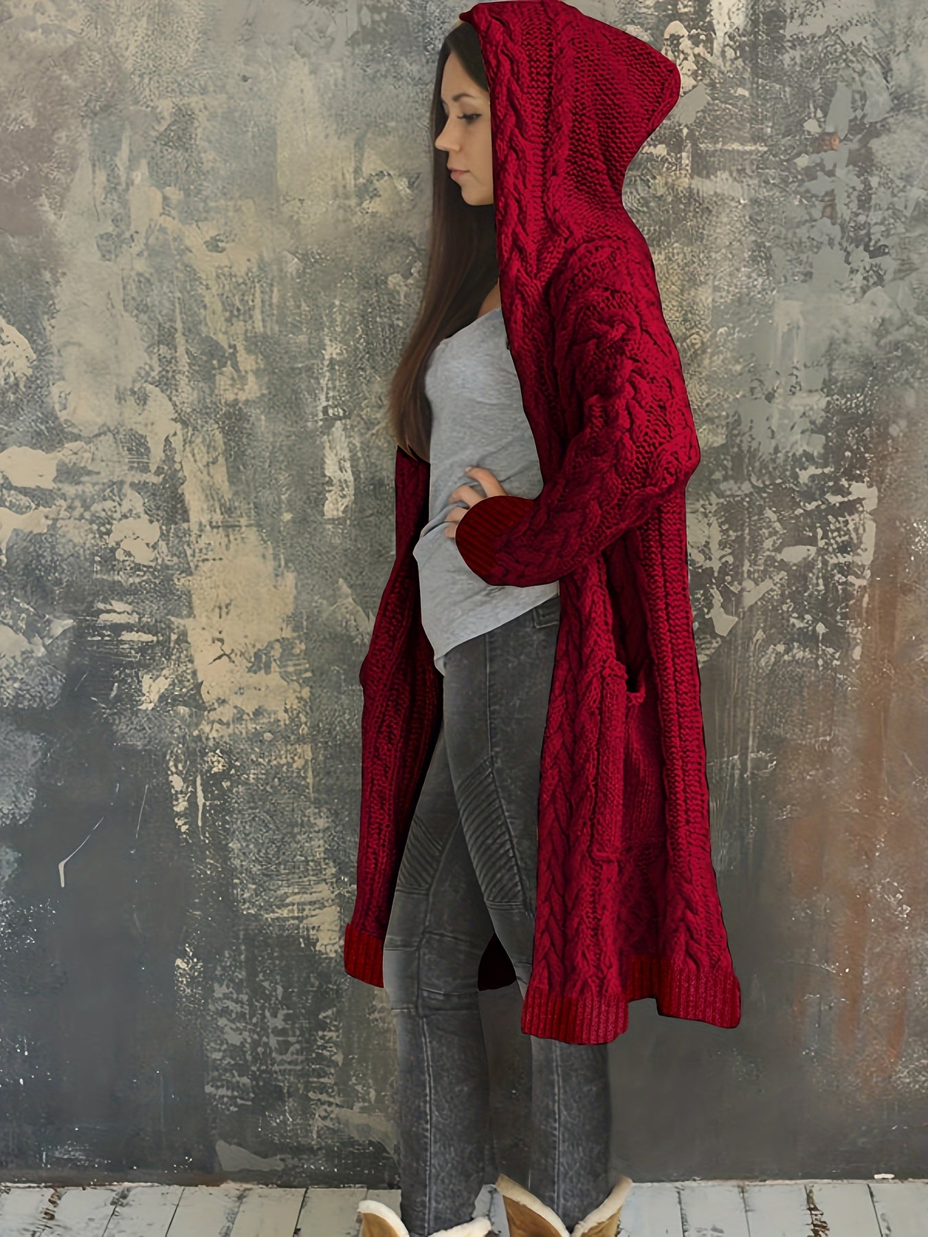 Chunky Knit Hooded Cardigan, Solid Long Open Front Sweater, Casual Cardigan For Fall & Winter, Women's Clothing
