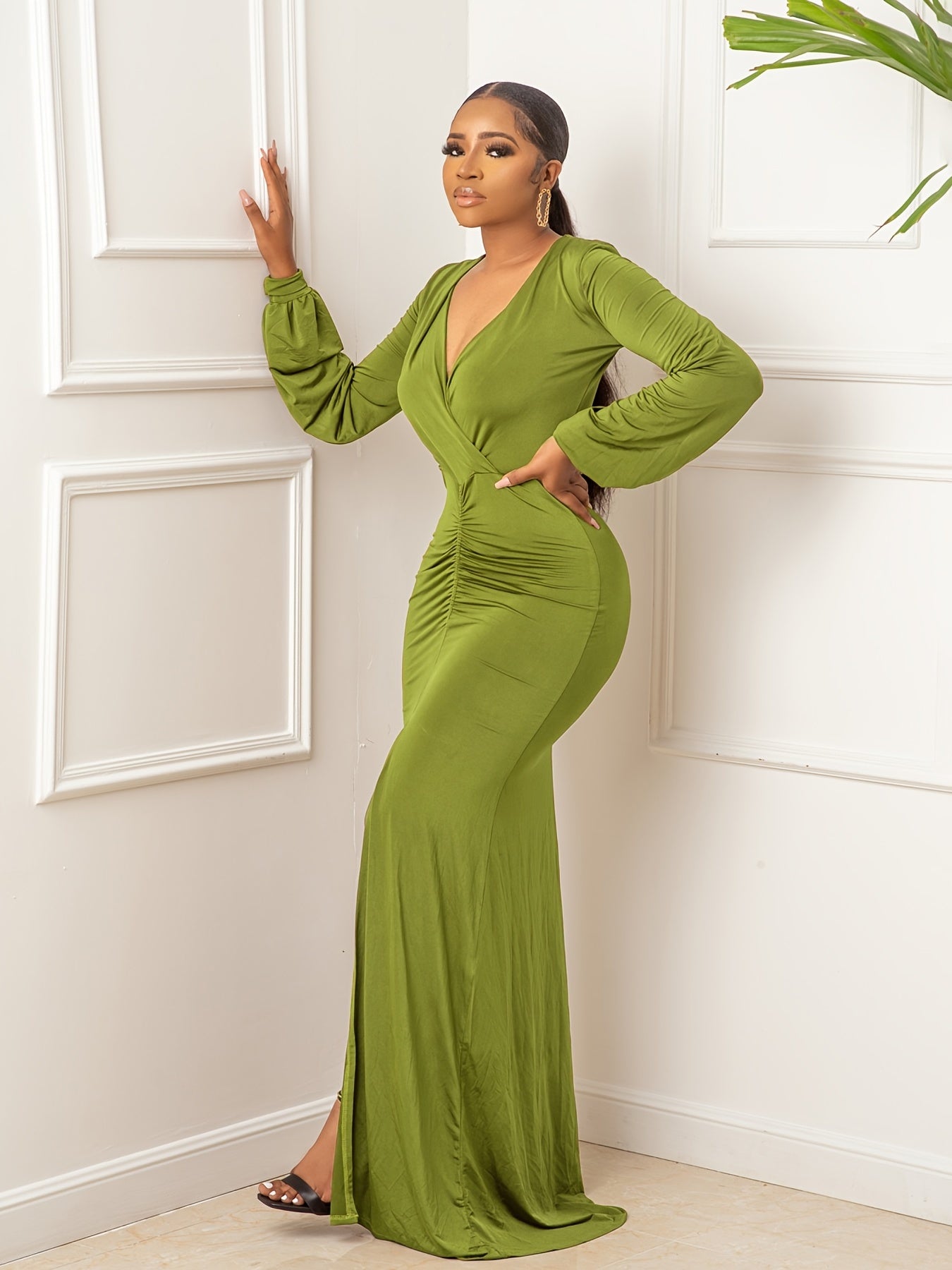 gbolsos Solid Surplice Neck Pleated Slit Dress, Casual Long Sleeve Dress For Spring & Fall, Women's Clothing