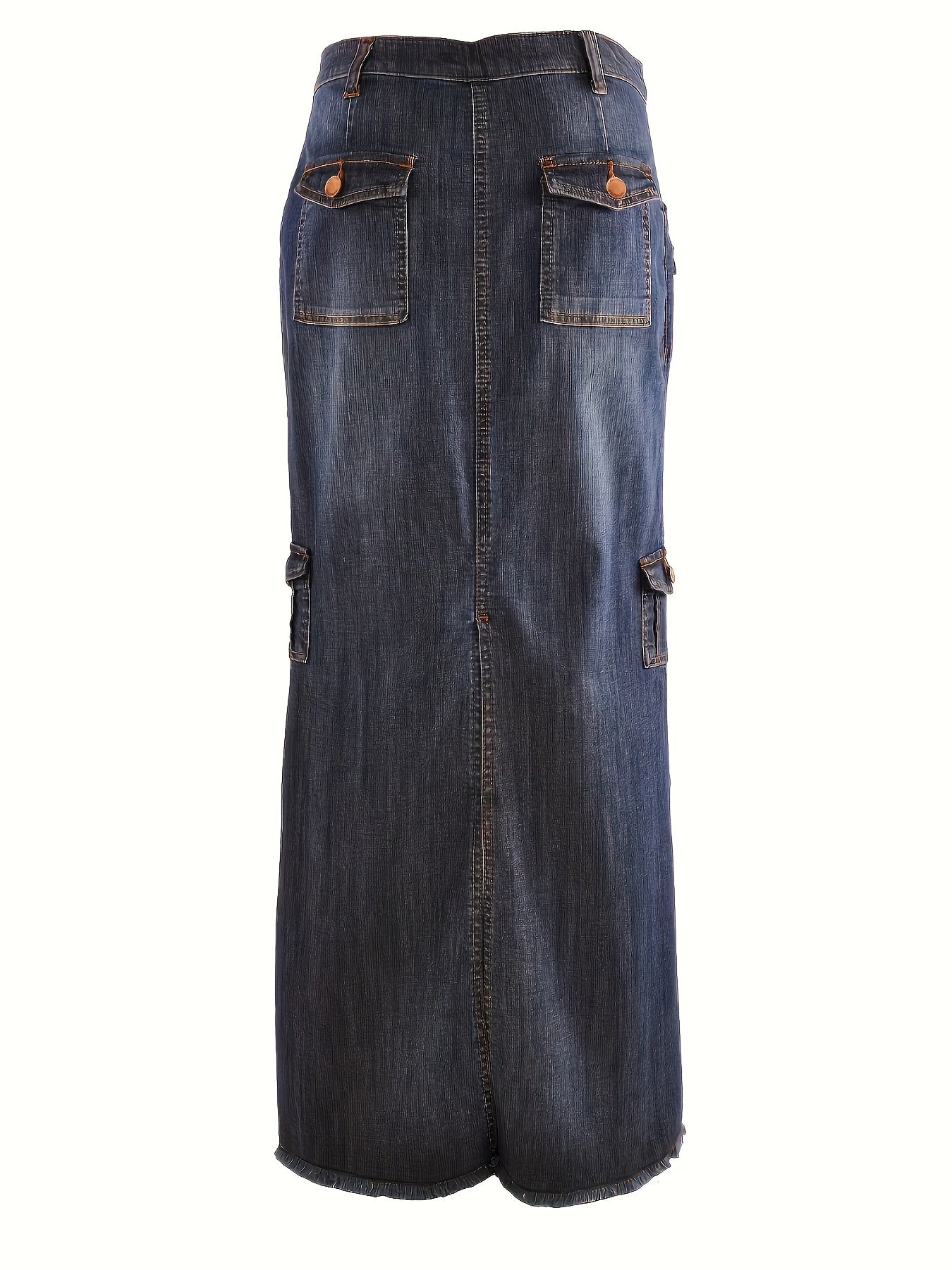 Blue Flap Pockets Cargo Denim Maxi Skirt, Raw Hem Single-Breasted Button Retro Denim Skirt, Women's Denim Clothing