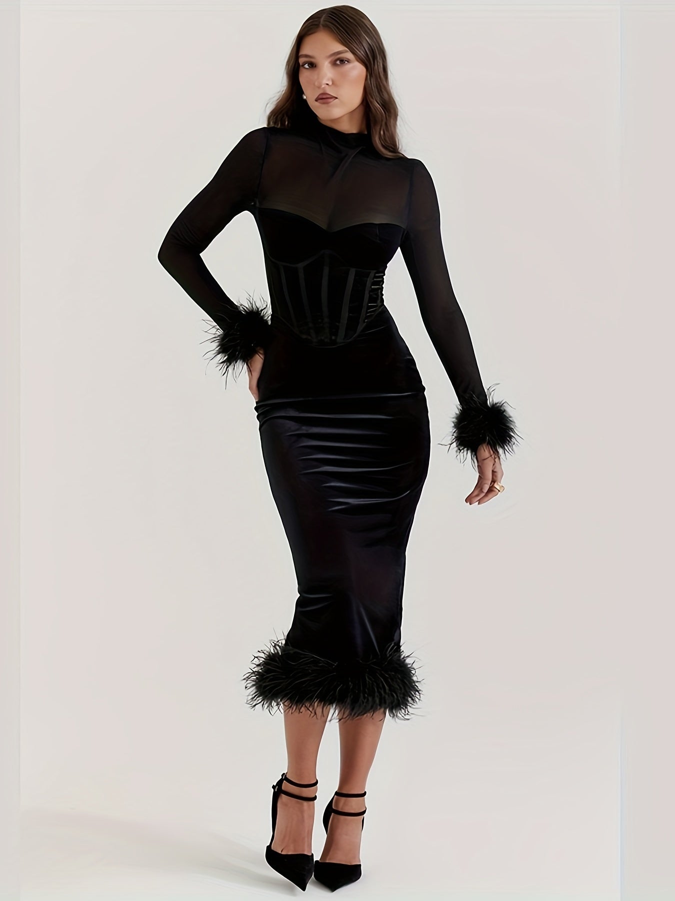 gbolsos Faux Fur Trim Corset Fit Dress, Stylish Bustier Semi-sheer Mock Neck Long Sleeve Dress, Women's Clothing