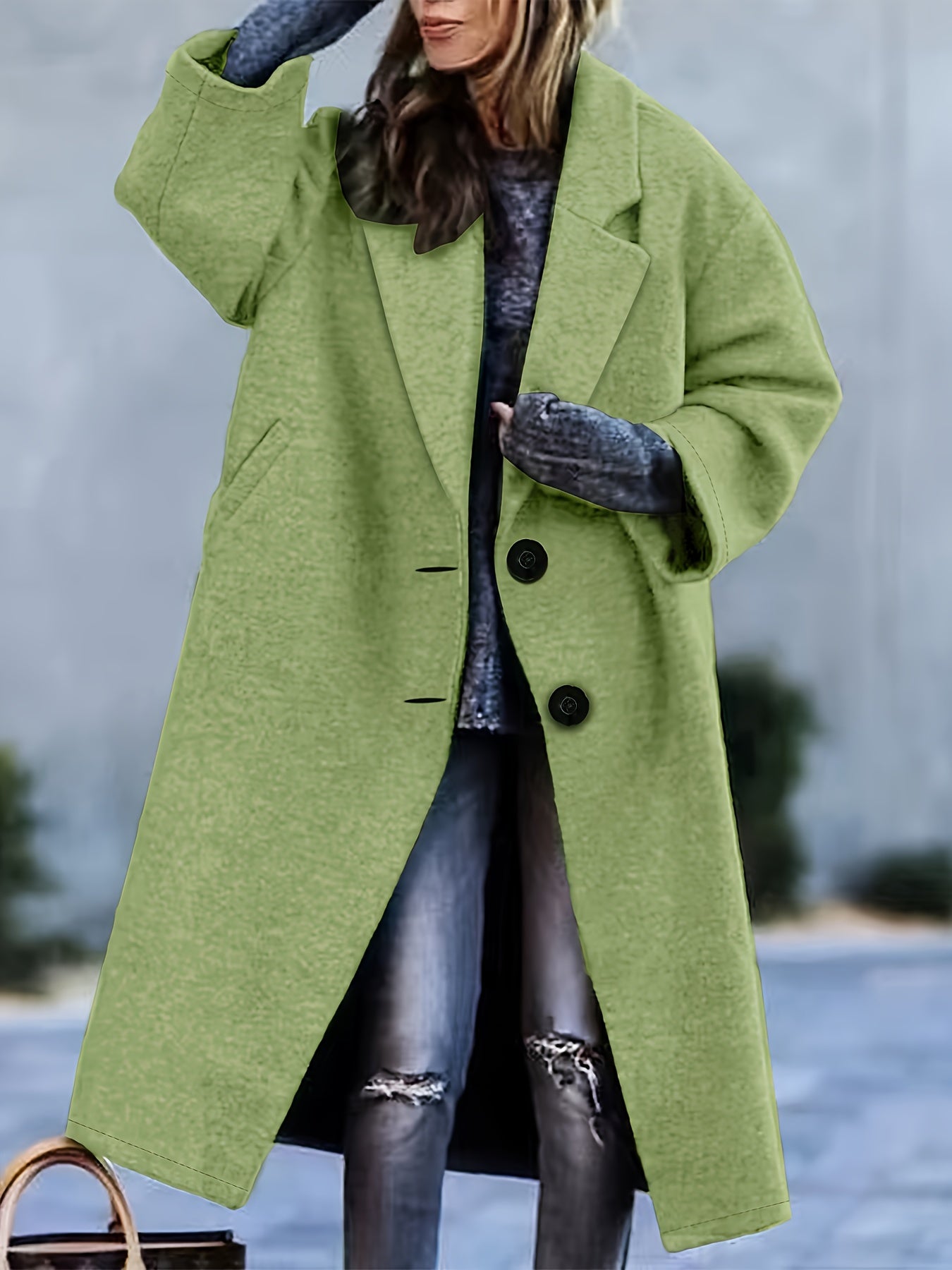 Plus Size Casual Coat, Women's Plus Solid Button Up Long Sleeve Lapel Collar Long Coat