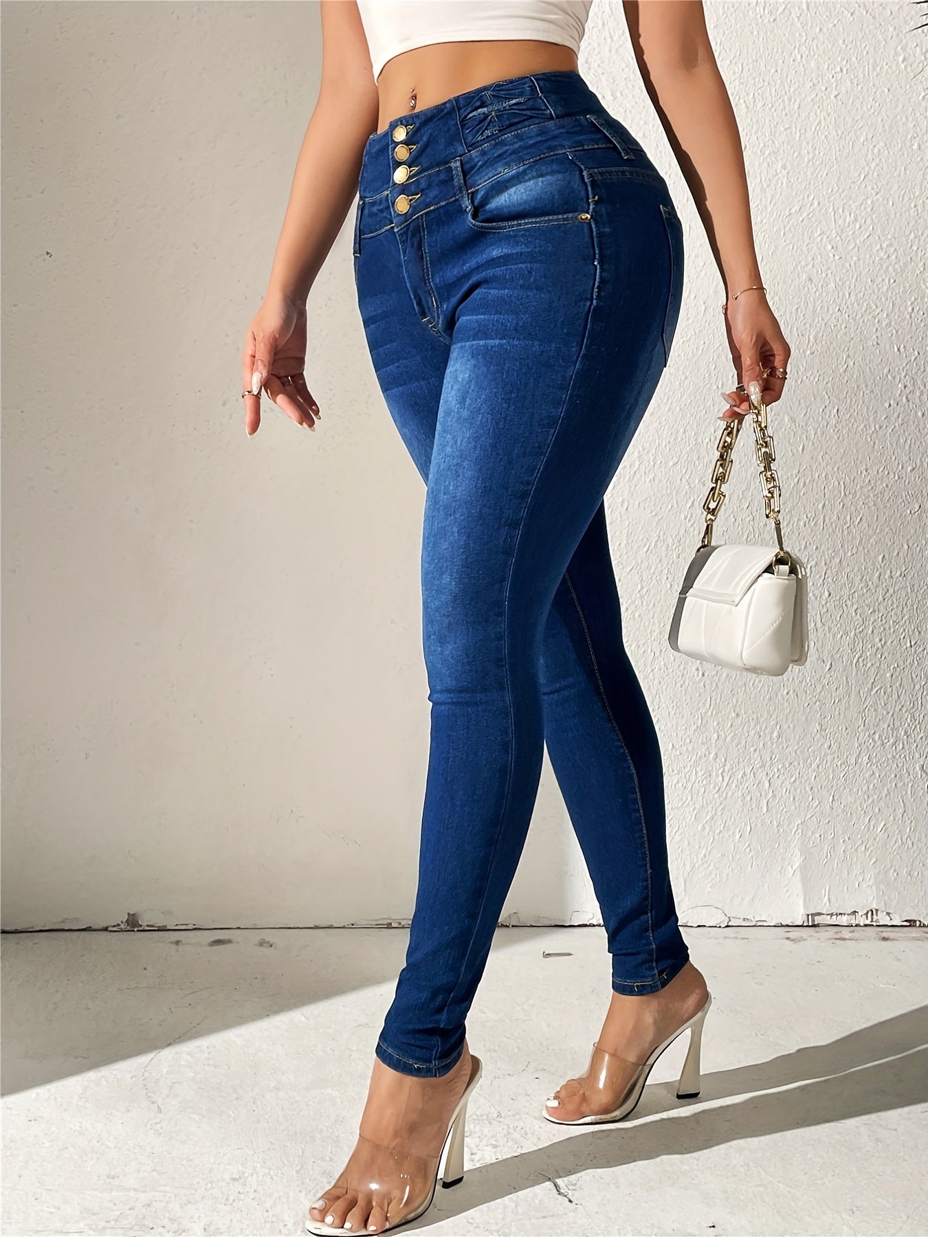 gbolsos High Rise Solid Color Skinny Slim Jeans, Multi Buttons Slash Pockets Washed Blue Women's Trousers, High Waist Stretch Casual Pants For Spring And Summer, Women's Denim Jeans & Clothing