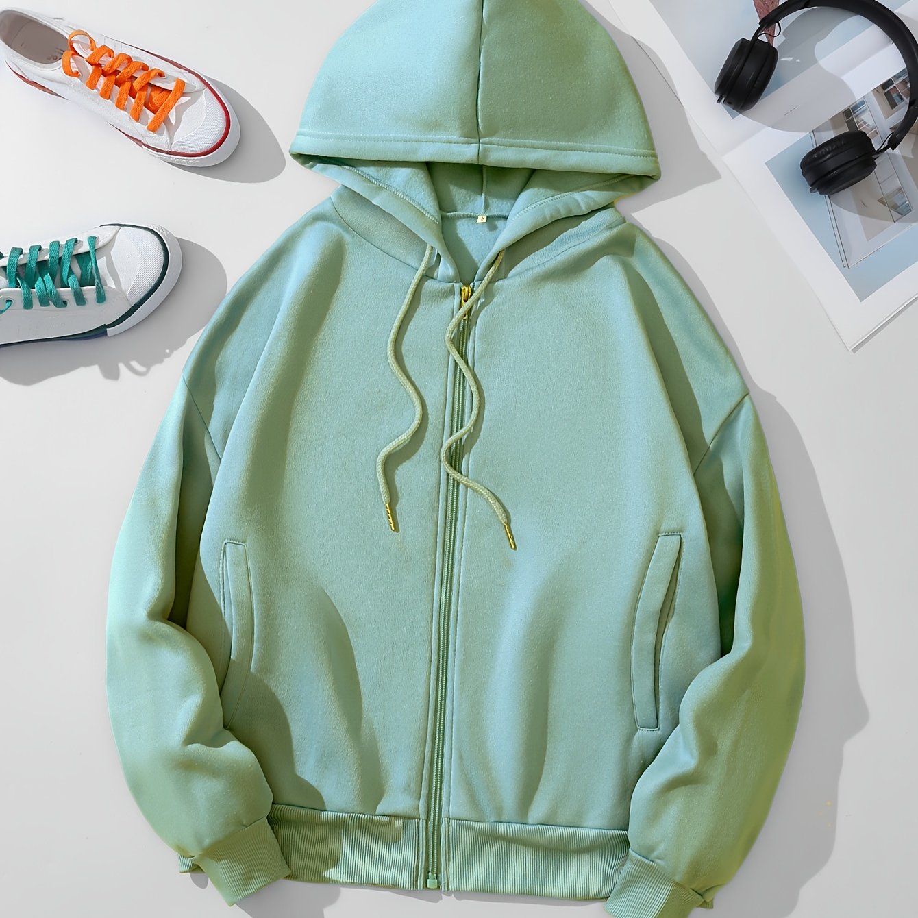 gbolsosSolid Zip Up Hoodie With Pocket, Drawstring Long Sleeves Active Hooded Sweatshirt