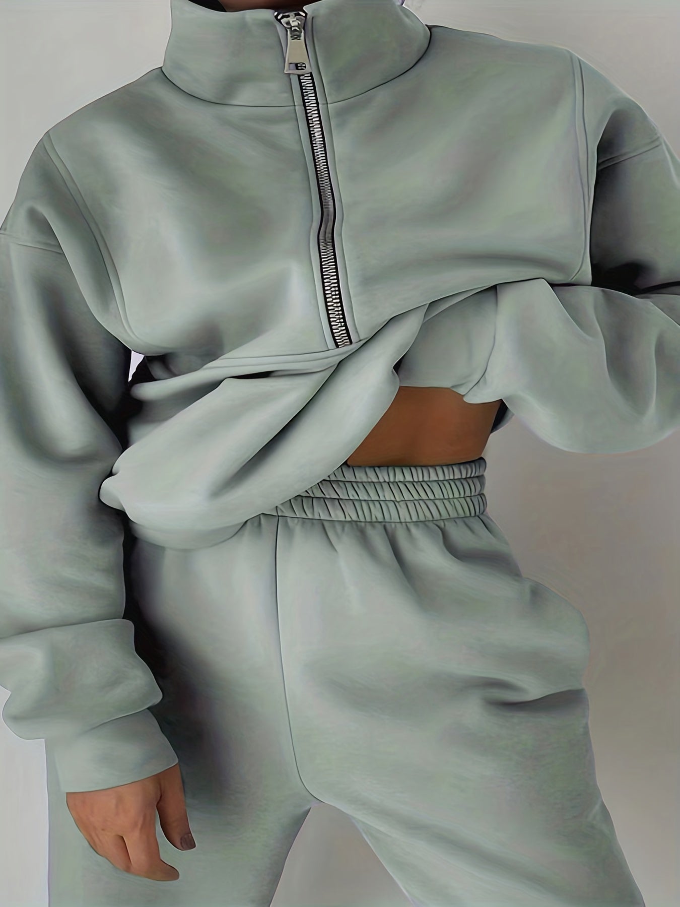 Casual Matching Two-piece Set, Zip Up Sweatshirt & Solid Sweatpants Outfits, Women's Clothing