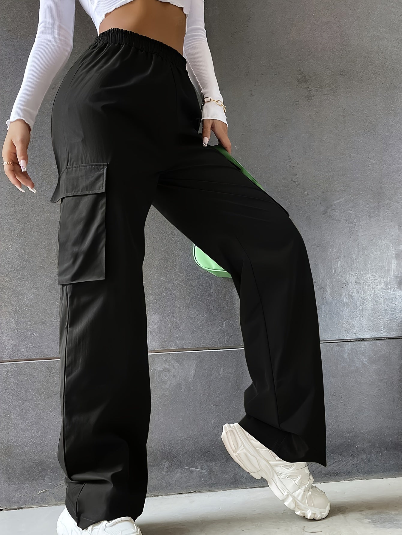gbolsos Solid Flap Pocket Loose Cargo Pants, Casual Elastic Waist Versatile Pants, Women's Clothing