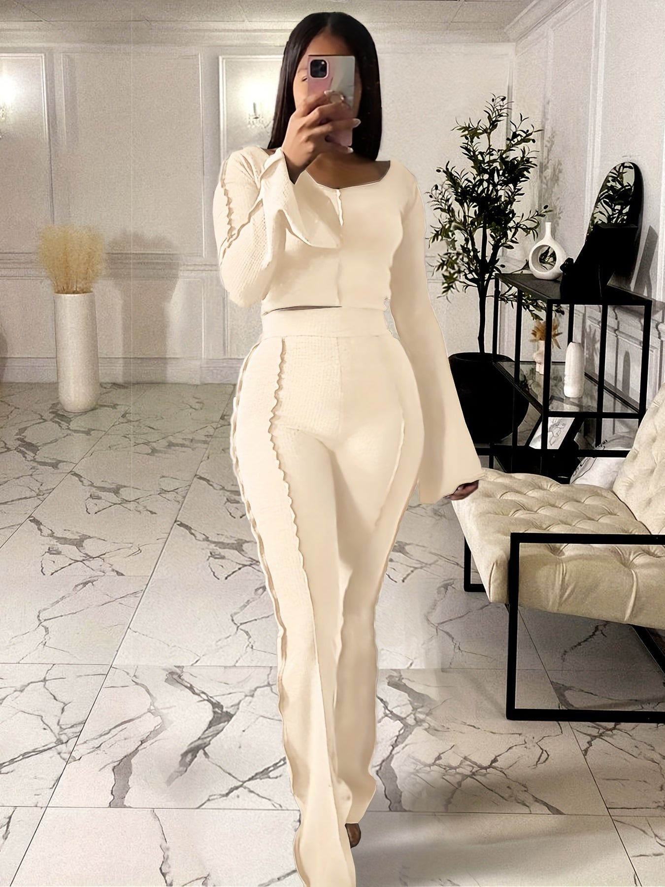 Solid Rib Two-piece Set, Flared Sleeve Crew Neck Tops & High Waist Long Length Pants Outfits, Women's Clothing