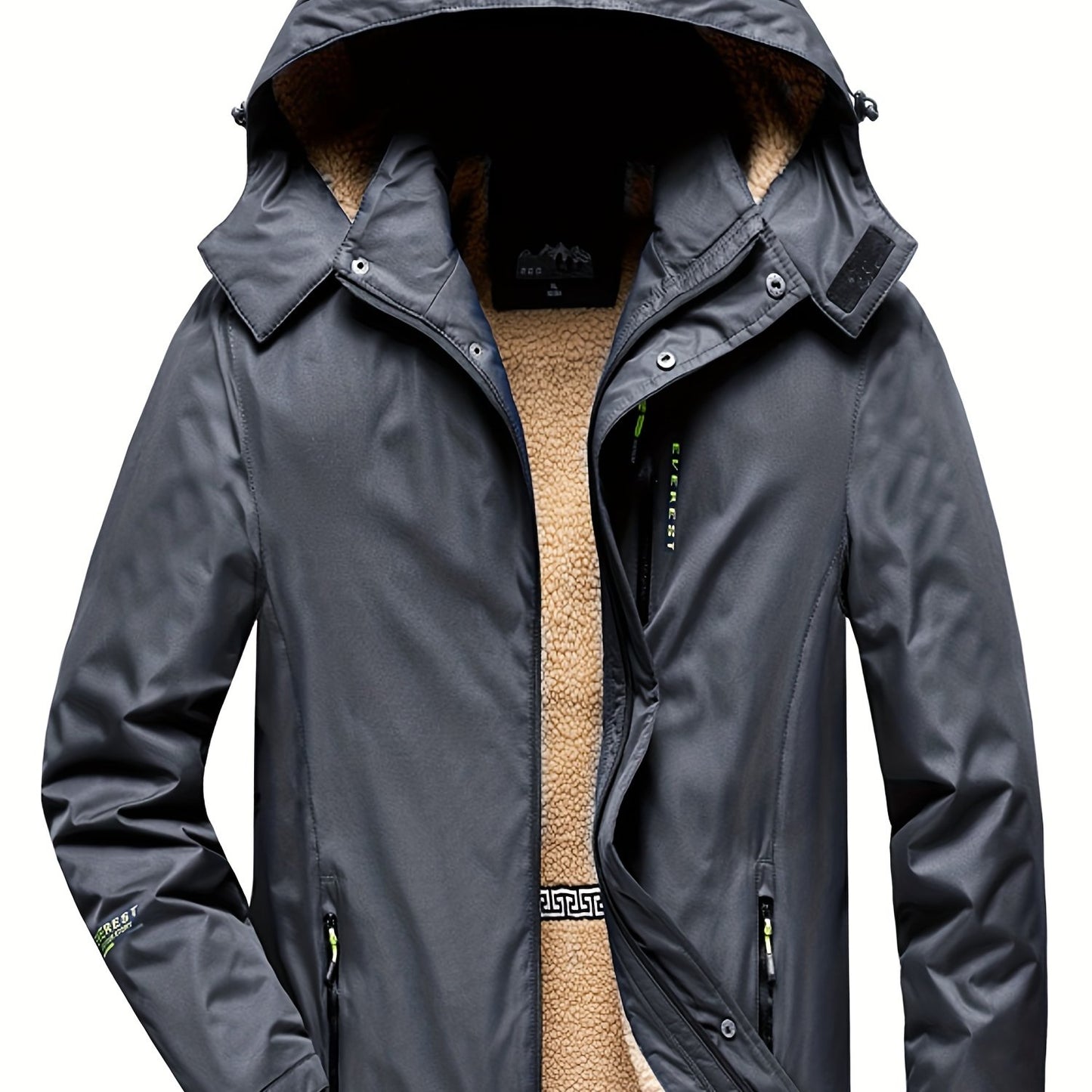 gbolsos Men's Trendy Fleece Hooded Jacket, Active Stand Collar Zip Up Hooded Coat For Fall Winter Outdoor