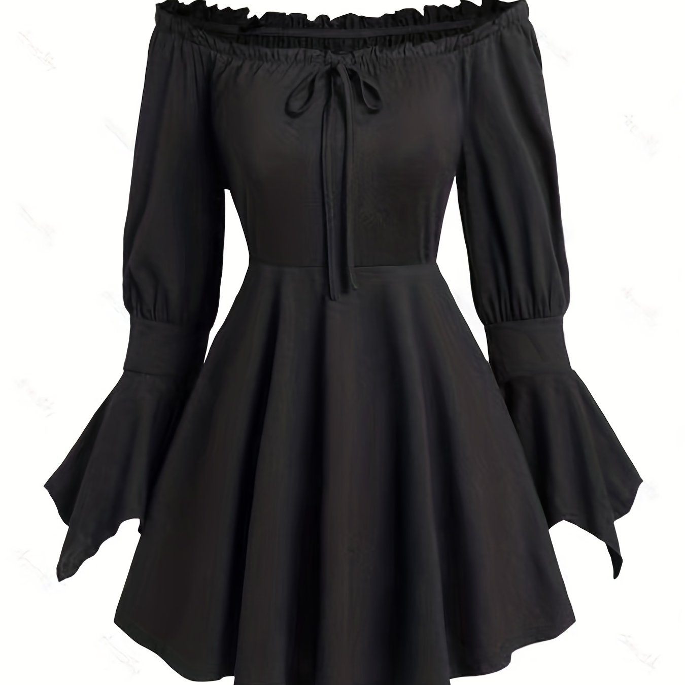 gbolsos Tie Front Flared Sleeve Dress, Elegant Lettuce Trim A Line Dress, Women's Clothing
