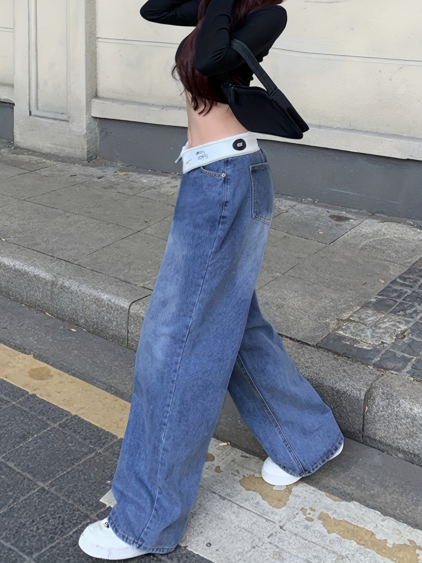 gbolsos Blue Flipped Waist Design Straight Jeans, Loose Fit Double Button Wide Legs Jeans, Women's Denim Jeans & Clothing
