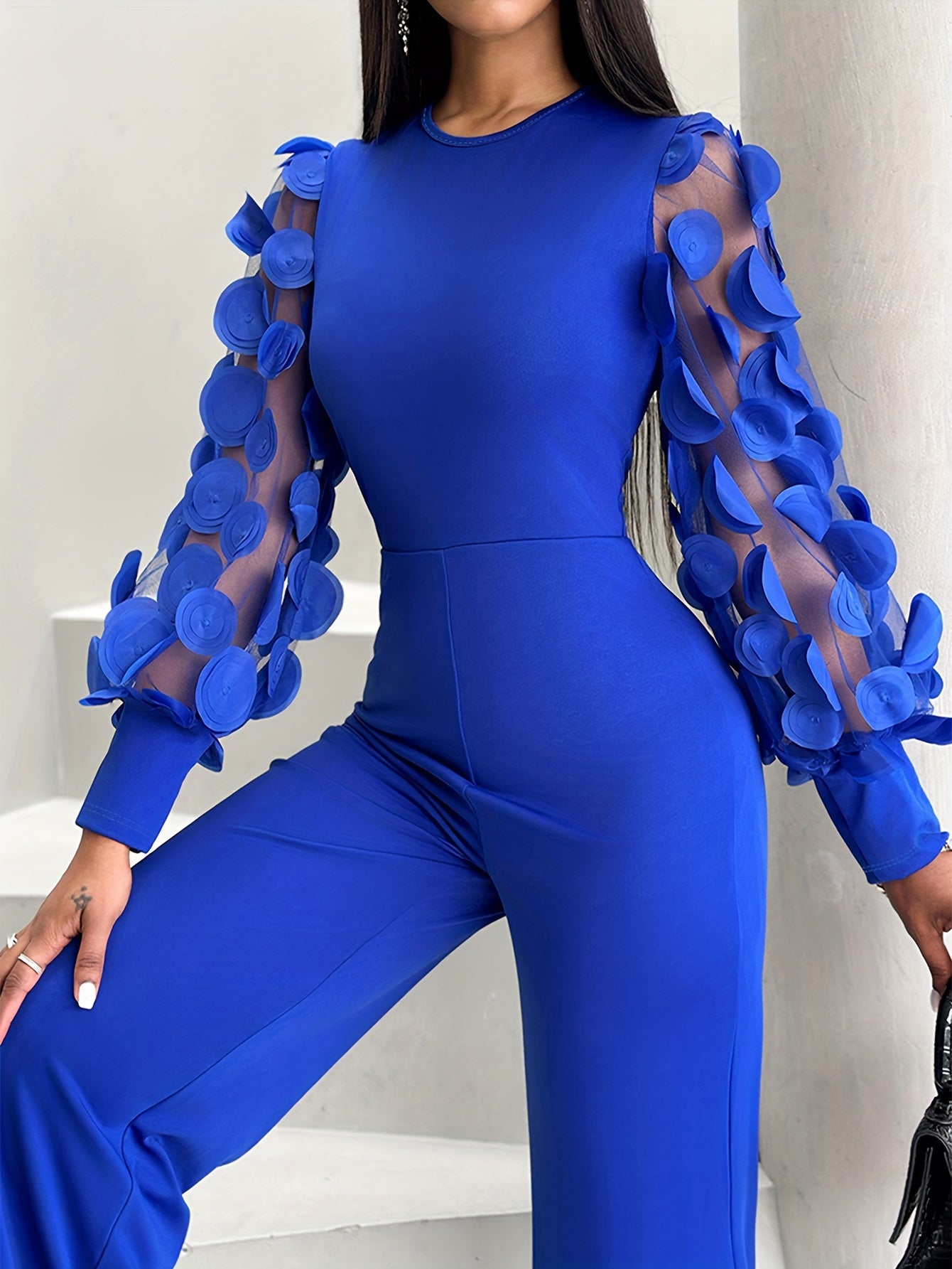 gbolsos Applique Mesh Splicing Solid Jumpsuit, Elegant Crew Neck Lantern Sleeve Jumpsuit For Spring & Fall, Women's Clothing