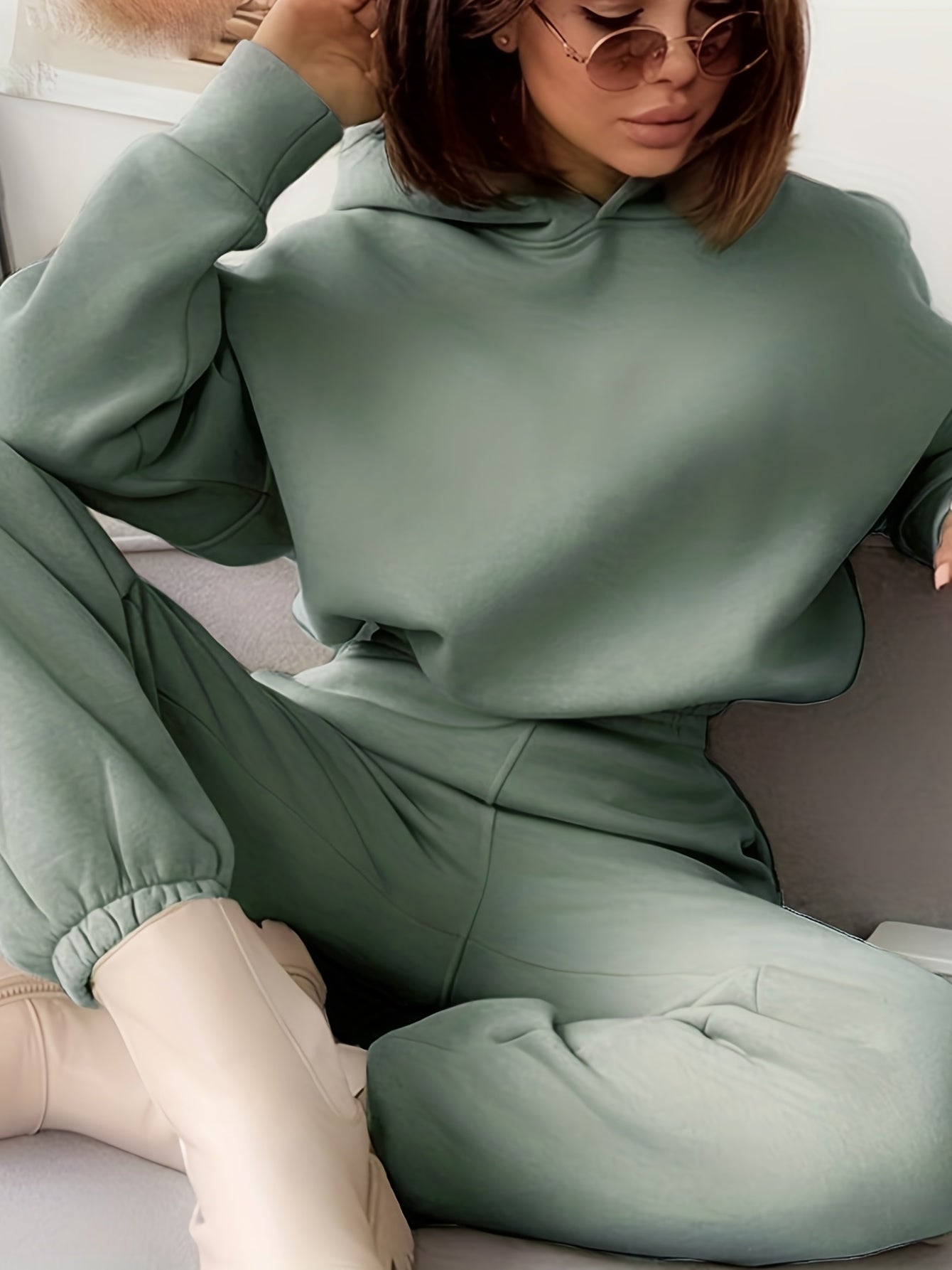 gbolsos Casual Two-piece Set, Solid Hoodie & Elastic Waist Jogger Pants Outfits, Women's Clothing