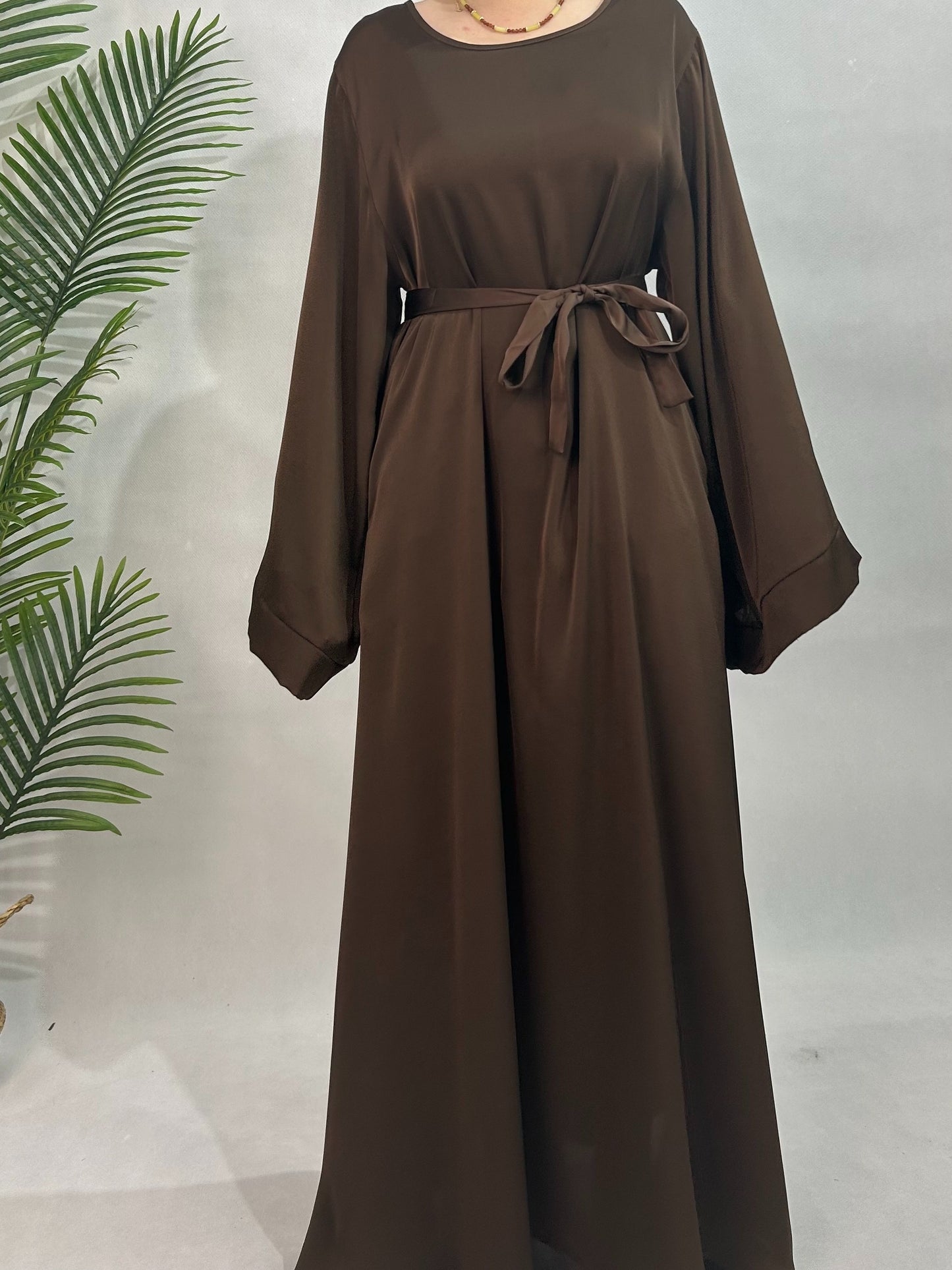 Solid Maxi Kaftan Abaya, Modest Crew Neck Long Sleeve Abaya, Women's Clothing