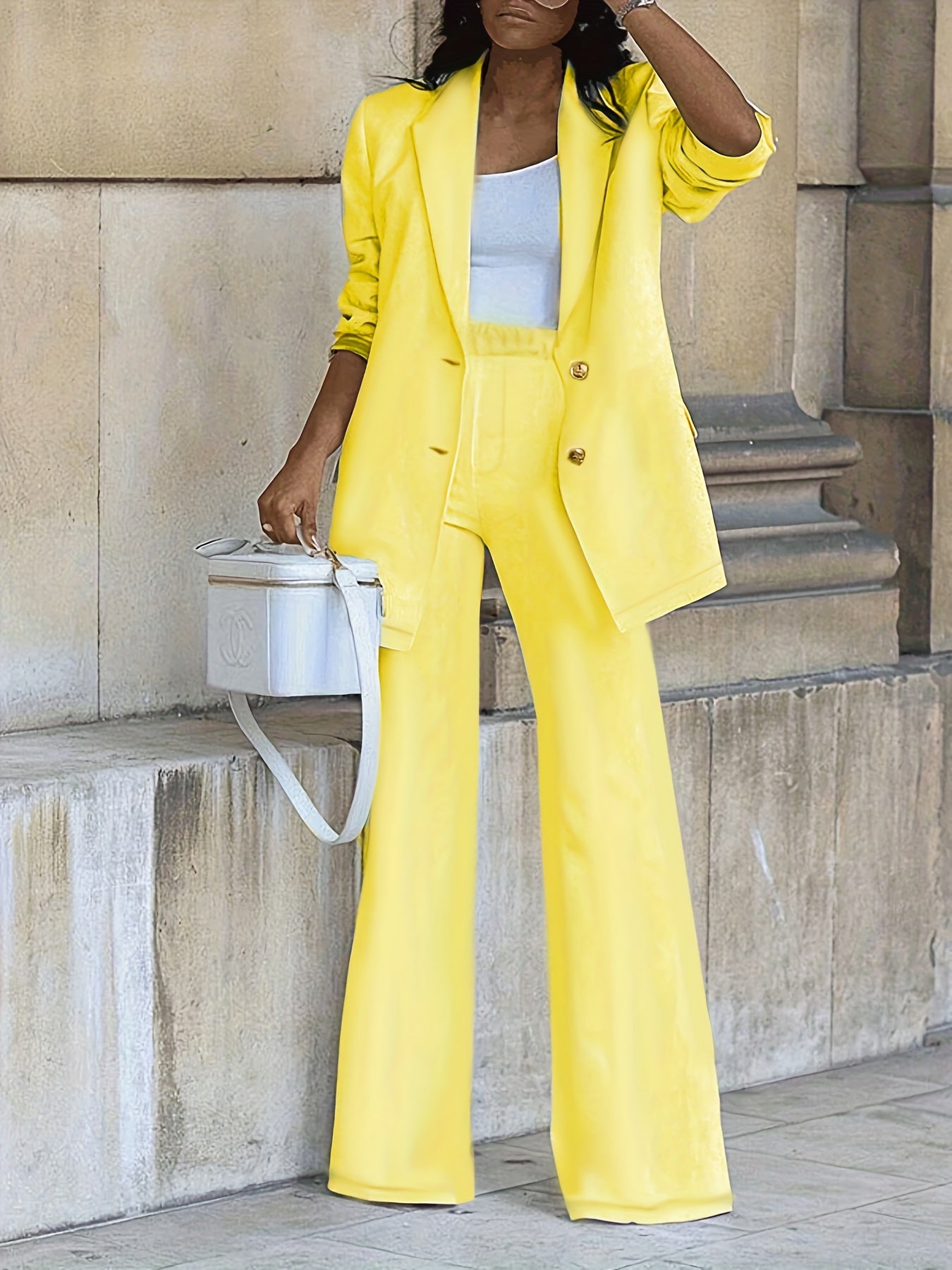 gbolsos Solid Casual Two-piece Set, Single Breasted Long Sleeve Blazer & Wide Leg Pants Outfits, Women's Clothing