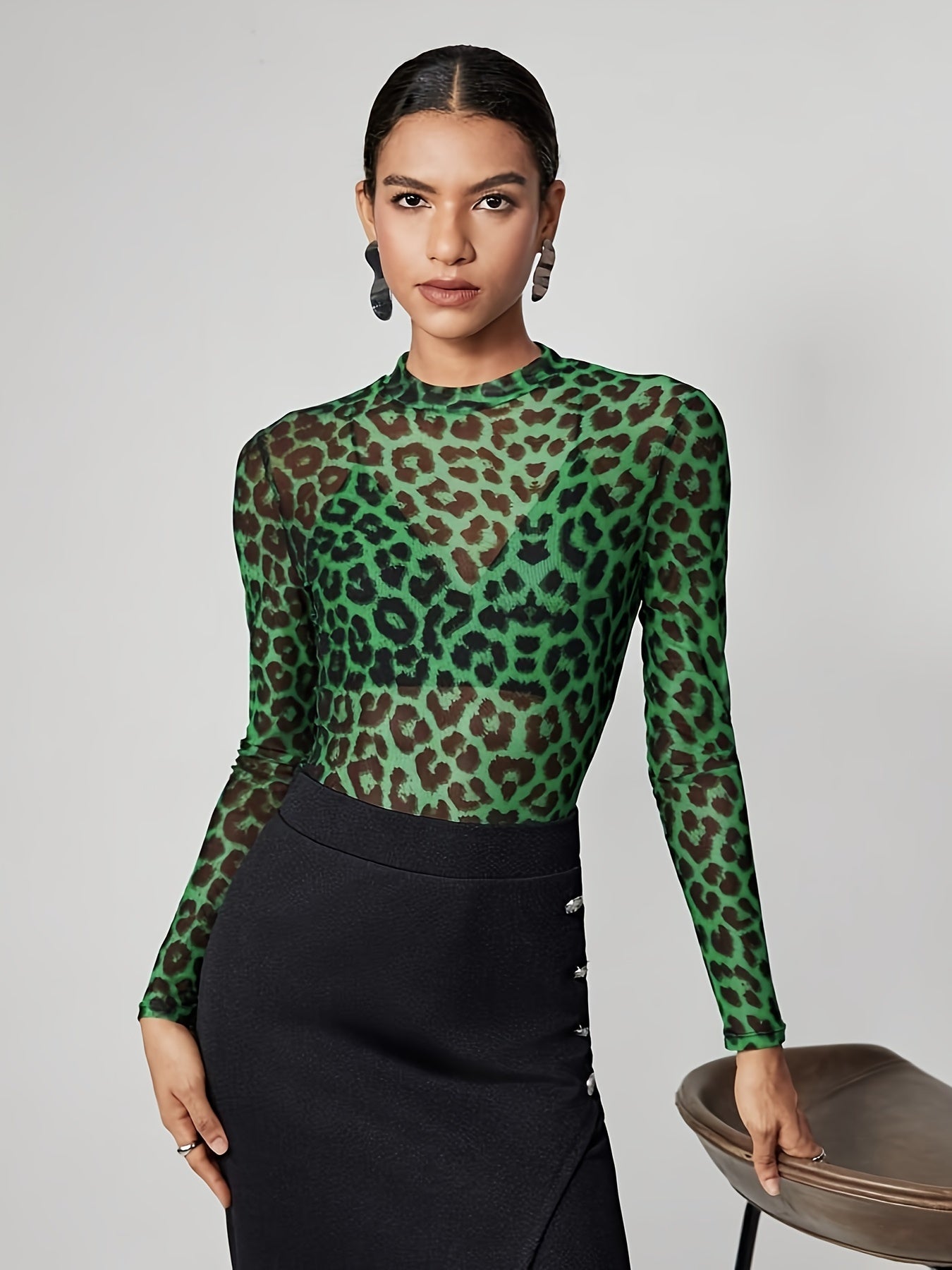 gbolsos Leopard Print Crew Neck T-Shirt, Y2K Long Sleeve Skinny T-Shirt For Every Day, Women's Clothing