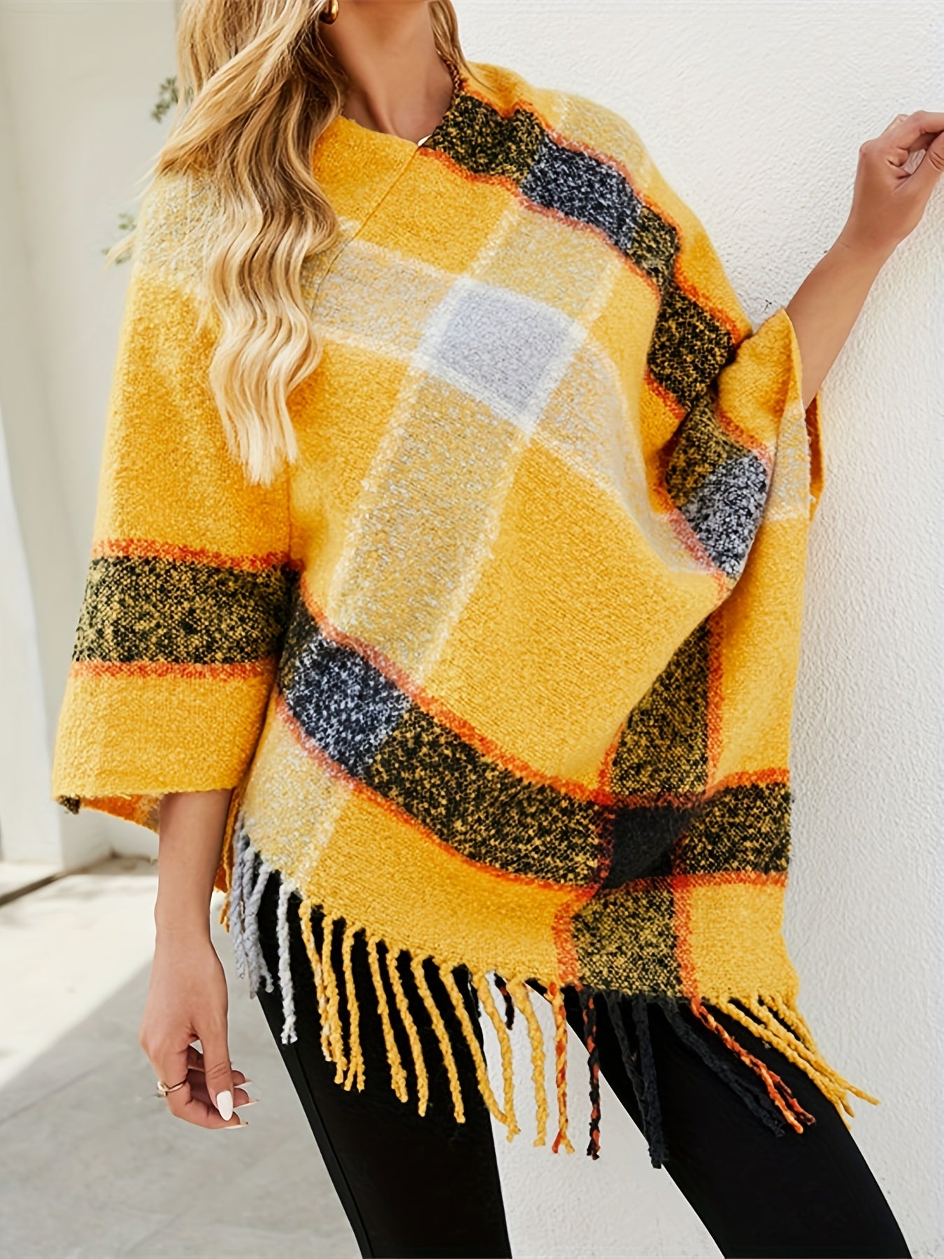 Plaid Pattern Tassel Trim Cape Sweater, Casual Batwing Sleeve Sweater, Women's Clothing