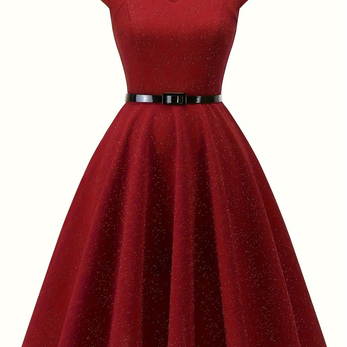 gbolsos Solid Color Cap Sleeve Dress, Vintage V Neck A-line Flare Dress, Women's Clothing