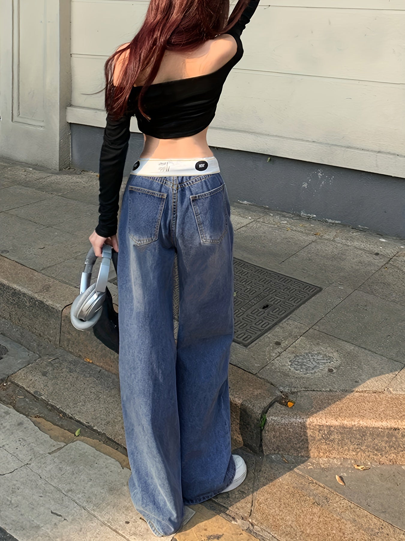 gbolsos Blue Flipped Waist Design Straight Jeans, Loose Fit Double Button Wide Legs Jeans, Women's Denim Jeans & Clothing