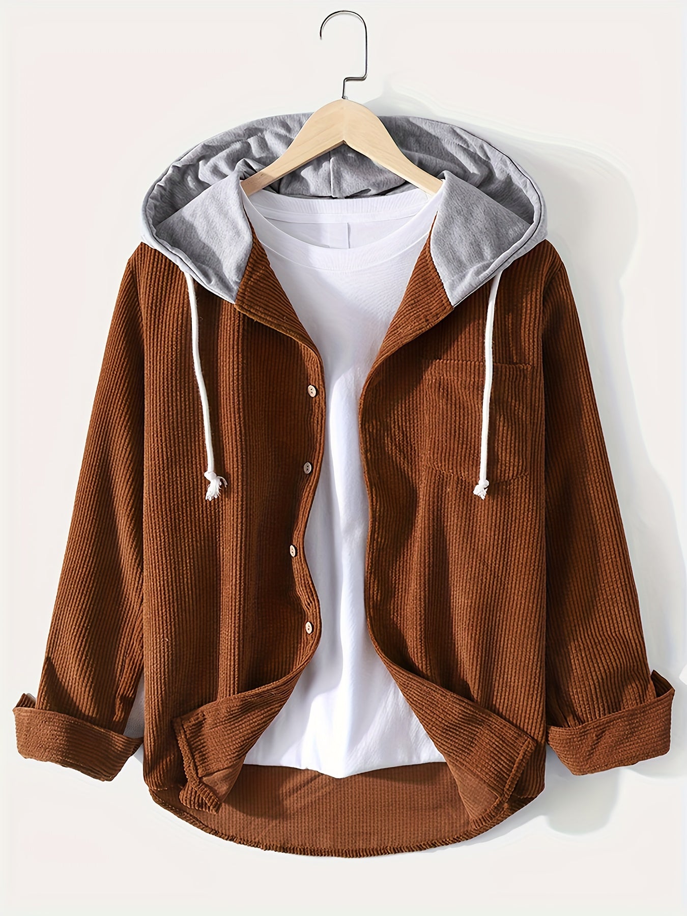 gbolsos Corduroy Men's Casual Comfy Long Sleeve Hooded Shirt, Men's Fall Winter Color Block Outwear