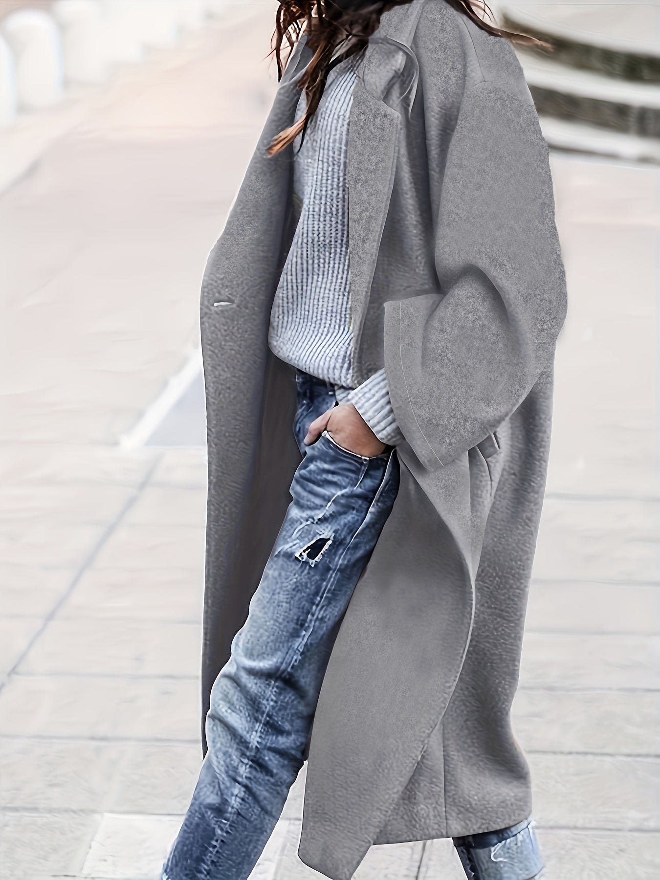 gbolsos Plus Size Elegant Coat, Women's Plus Solid Long Sleeve Lapel Collar Single Breasted Longline Overcoat