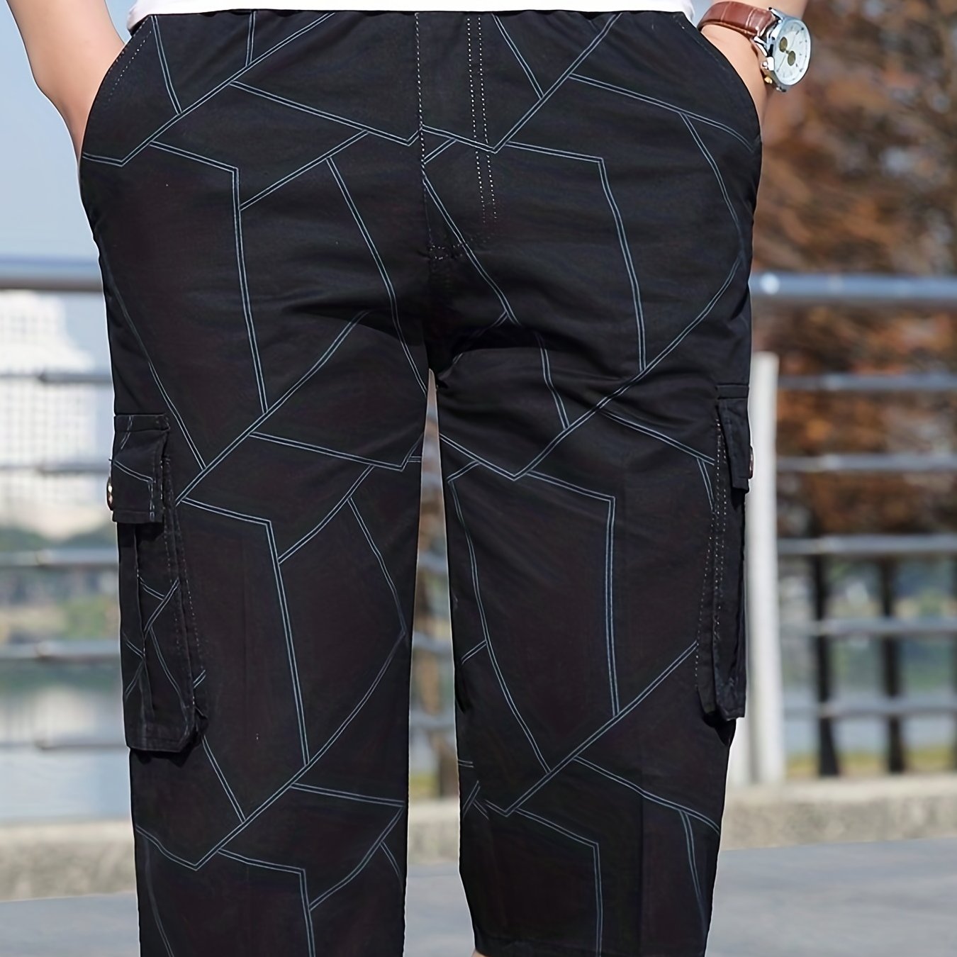 gbolsos Geometric Pattern Cotton Cargo Shorts, Men's Casual Multi Pocket Waist Drawstring Cargo Shorts For Summer Outdoor