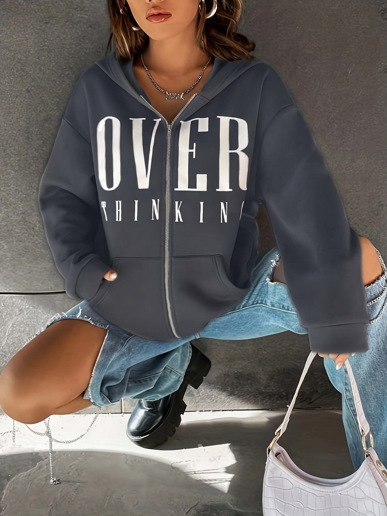 Letter Print Slant Pockets Zipper Hoodie, Casual Long Sleeve Hoodies Sweatshirt, Women's Clothing
