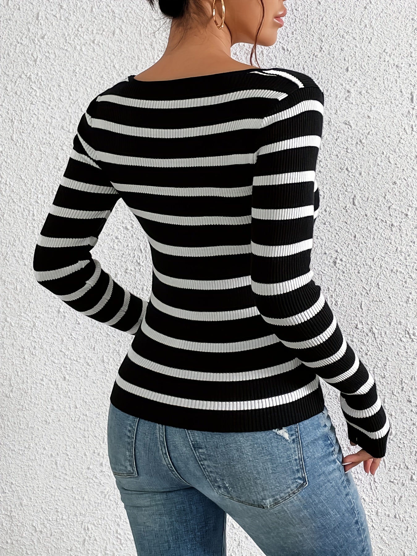 Striped Print Knit Sweater, Sexy Slim Crew Neck Long Sleeve Sweater, Women's Clothing
