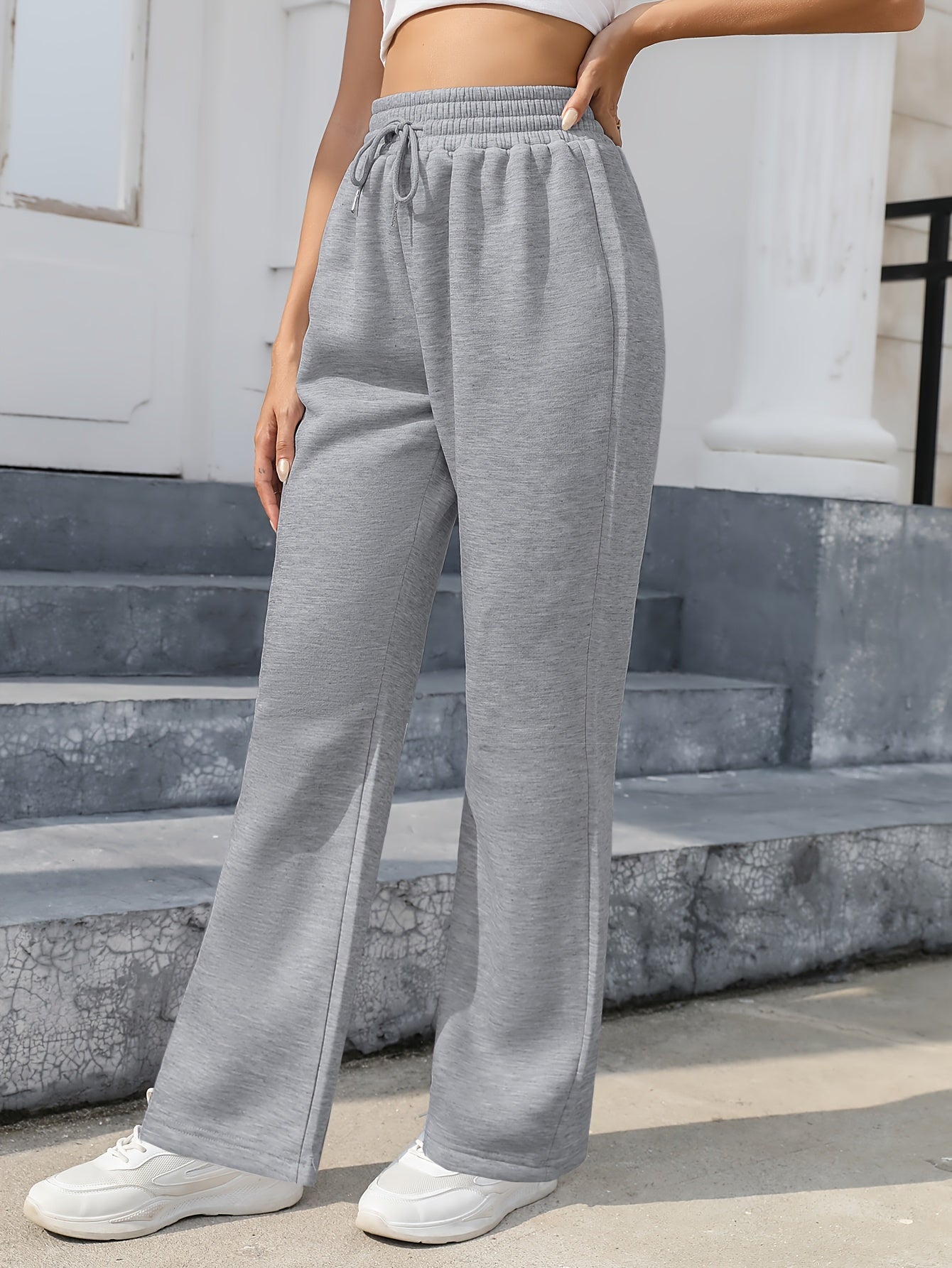 Drawstring Waist Straight Leg Pants, Casual Solid Sporty Pants For Fall & Winter, Women's Clothing