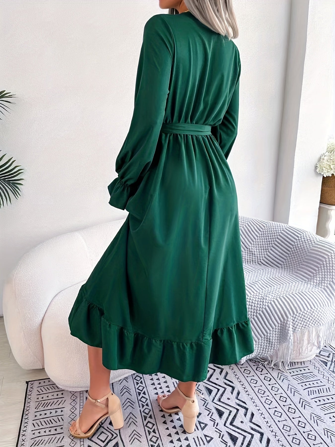 gbolsos Guipure Lace Ruched Dress, Casual V Neck Long Sleeve Ruffle Hem Dress, Women's Clothing