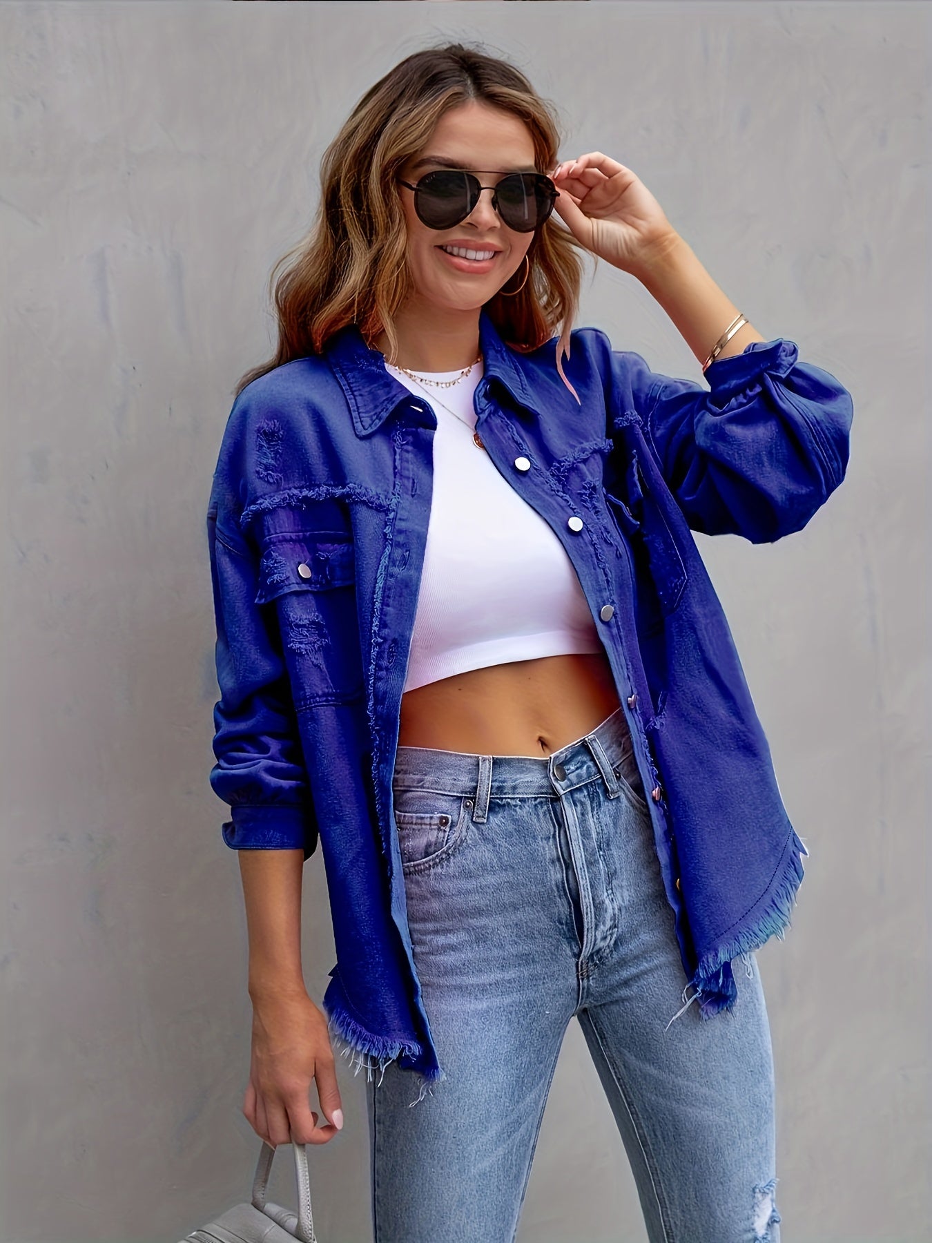 Plain Ripped Holes Lapel Denim Jackets, Distressed Raw Hem Long Sleeves Casual Denim Coats, Women's Denim Clothing