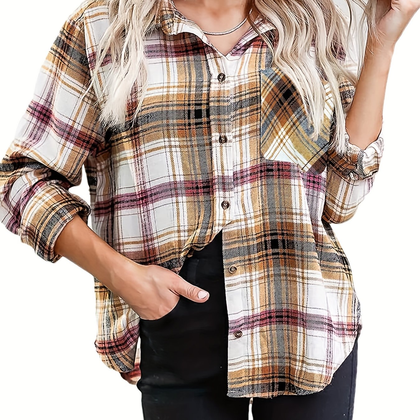 gbolsos Plaid Button Front Pocket Shirt, Casual Long Sleeve Shirt For Spring & Fall, Women's Clothing