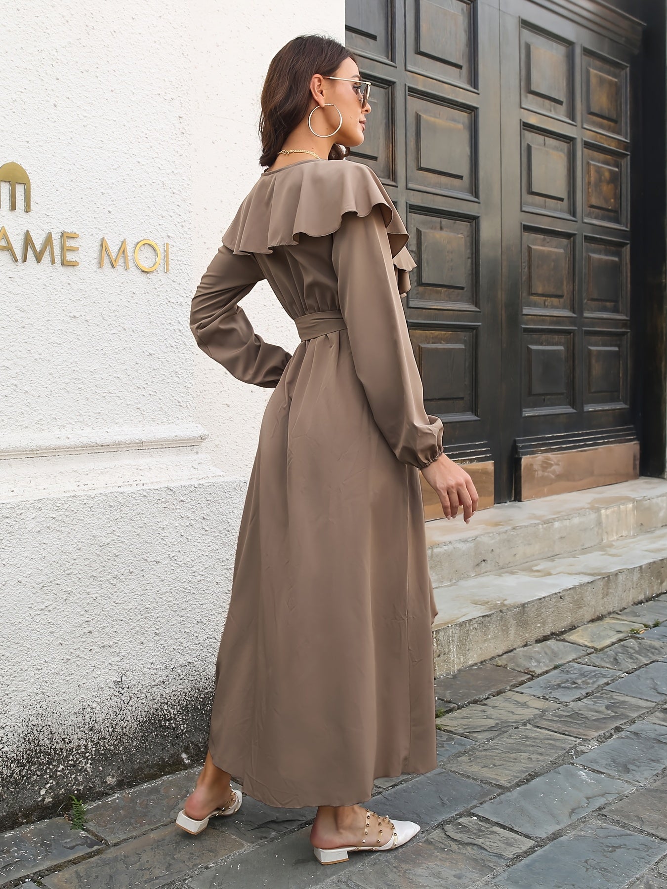 Solid V Neck Ruffled Hem Split Dress, Vintage Tie Waist Long Sleeve Maxi Dress, Women's Clothing