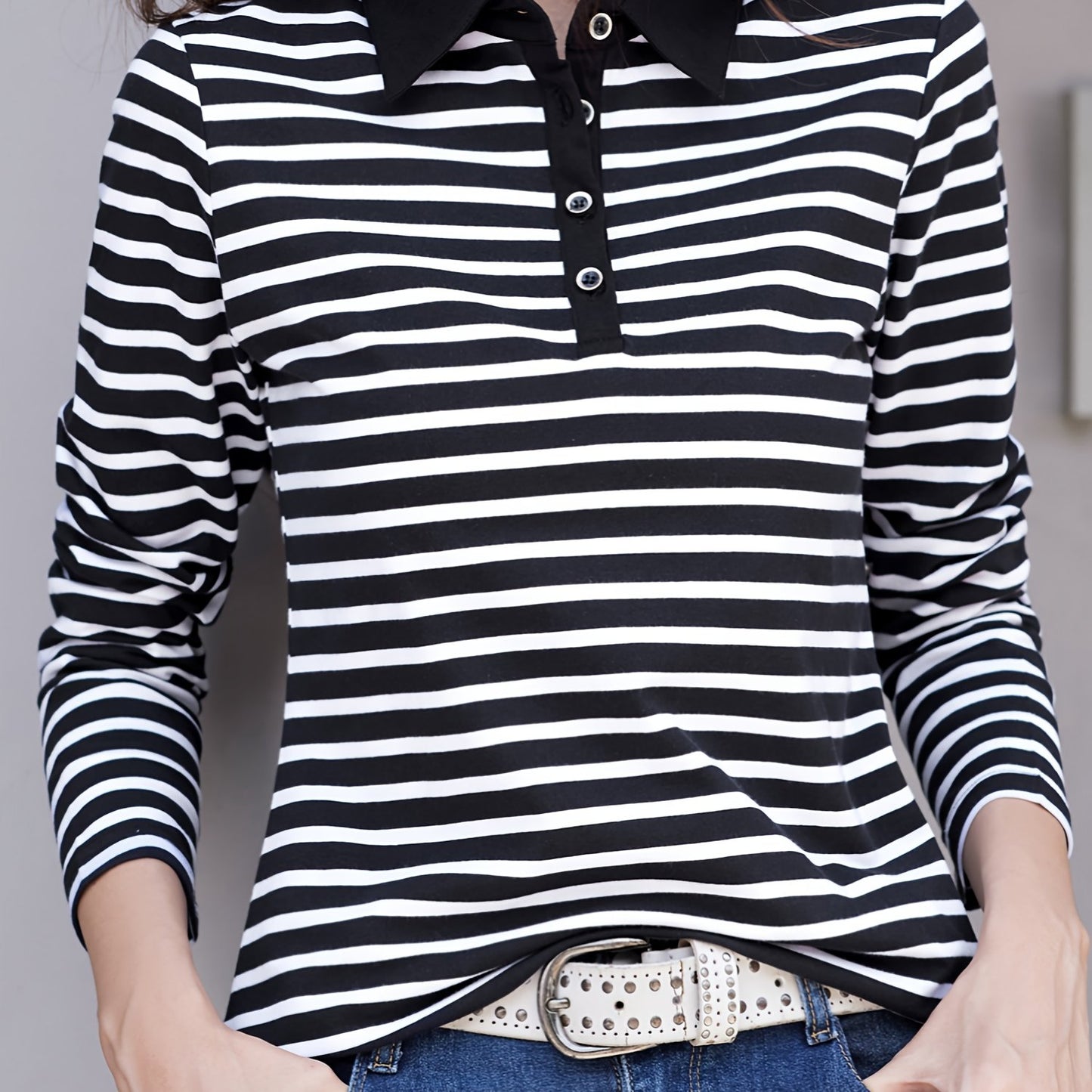 gbolsos Striped Print Button Front T-Shirt, Casual Long Sleeve T-Shirt For Spring & Fall, Women's Clothing