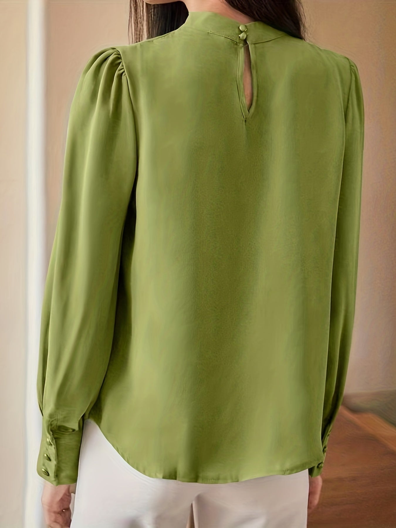 Cuff Sleeve Crew Neck Blouse, Elegant Solid Tucked Blouse For Spring & Summer, Women's Clothing