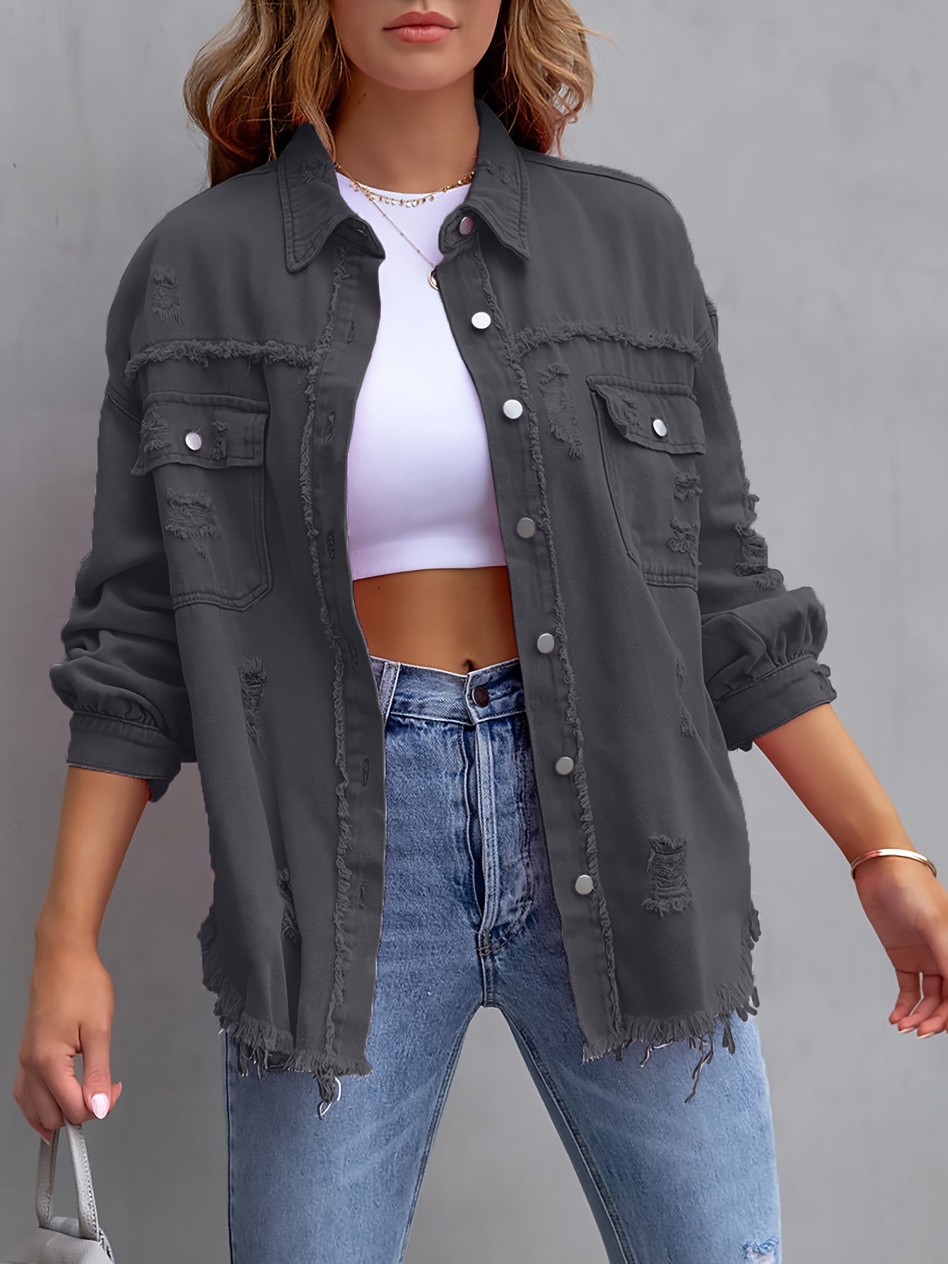 gbolsos Raw Hem Ripped Distressed Denim Jacket, Flap Pockets Long Sleeves Street Style Single-Breasted Denim Coat, Women's Denim Jeans & Clothing