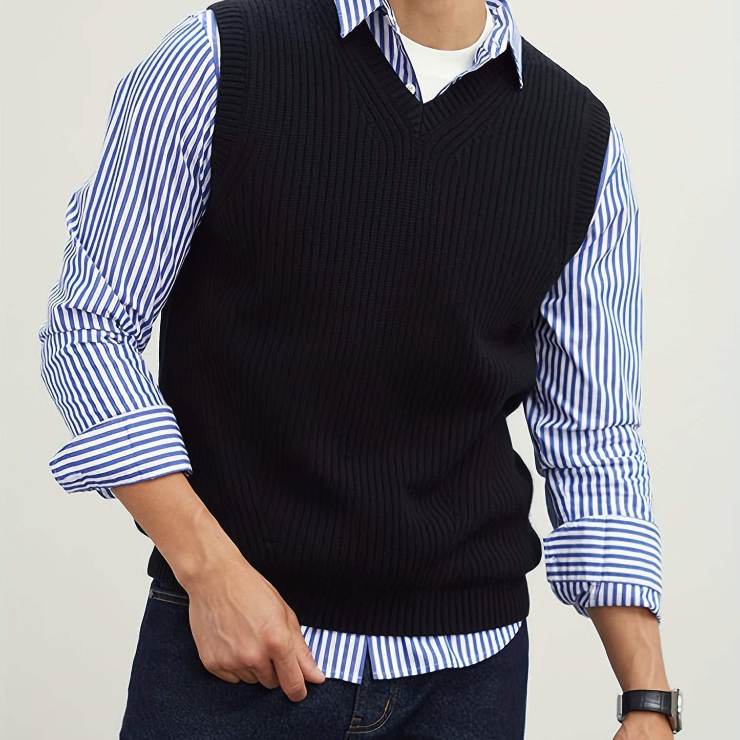 gbolsos Men's V Neck Sweater Vest, Pullover Solid Color Sleeveless Sweaters Vest, Preppy Style