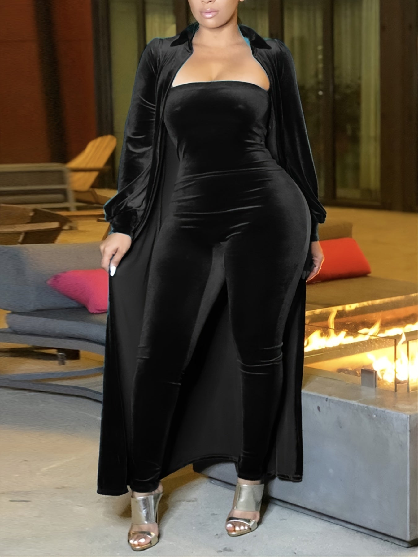 gbolsos Plus Size Velvet Jumpsuit & Coat Fuzzy Set, Women's Plus Solid Slight Stretch Two Pieces Set
