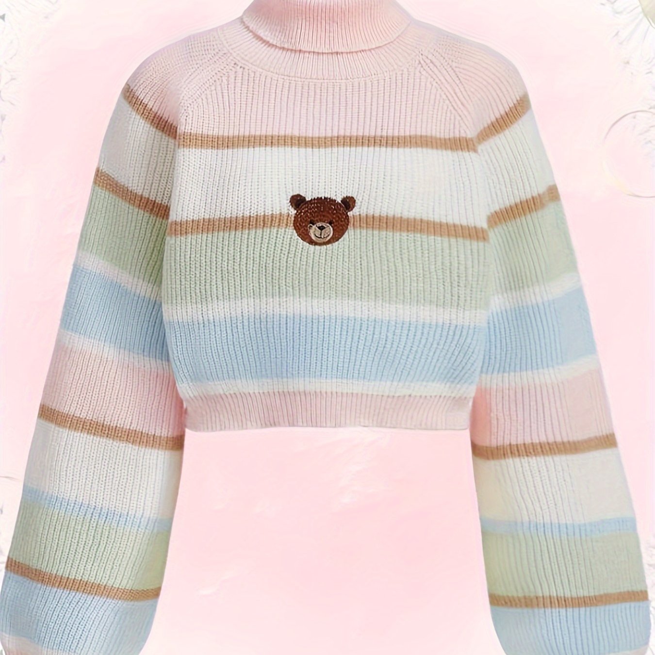 gbolsos Bear Pattern Striped Pullover Sweater, Cute Turtle Neck Long Sleeve Crop Sweater, Women's Clothing