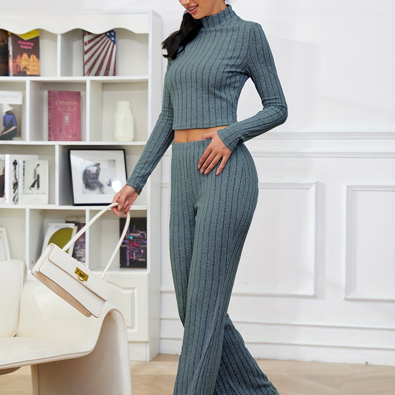 gbolsos Solid Ribbed Two-piece Set, High Neck Long Sleeve Tops & High Waist Flared Leg Pants Outfits, Women's Clothing