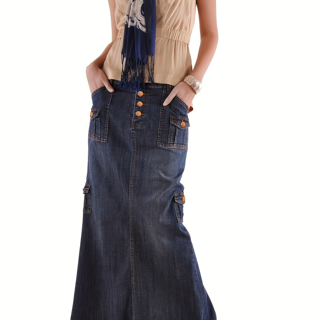Blue Flap Pockets Cargo Denim Maxi Skirt, Raw Hem Single-Breasted Button Retro Denim Skirt, Women's Denim Clothing