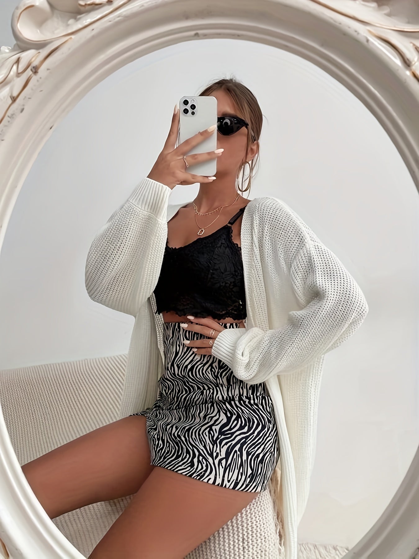 gbolsos Plus Size Casual Cardigan, Women's Plus Solid Ribbed Lantern Sleeve Open Front Knit Cardigan