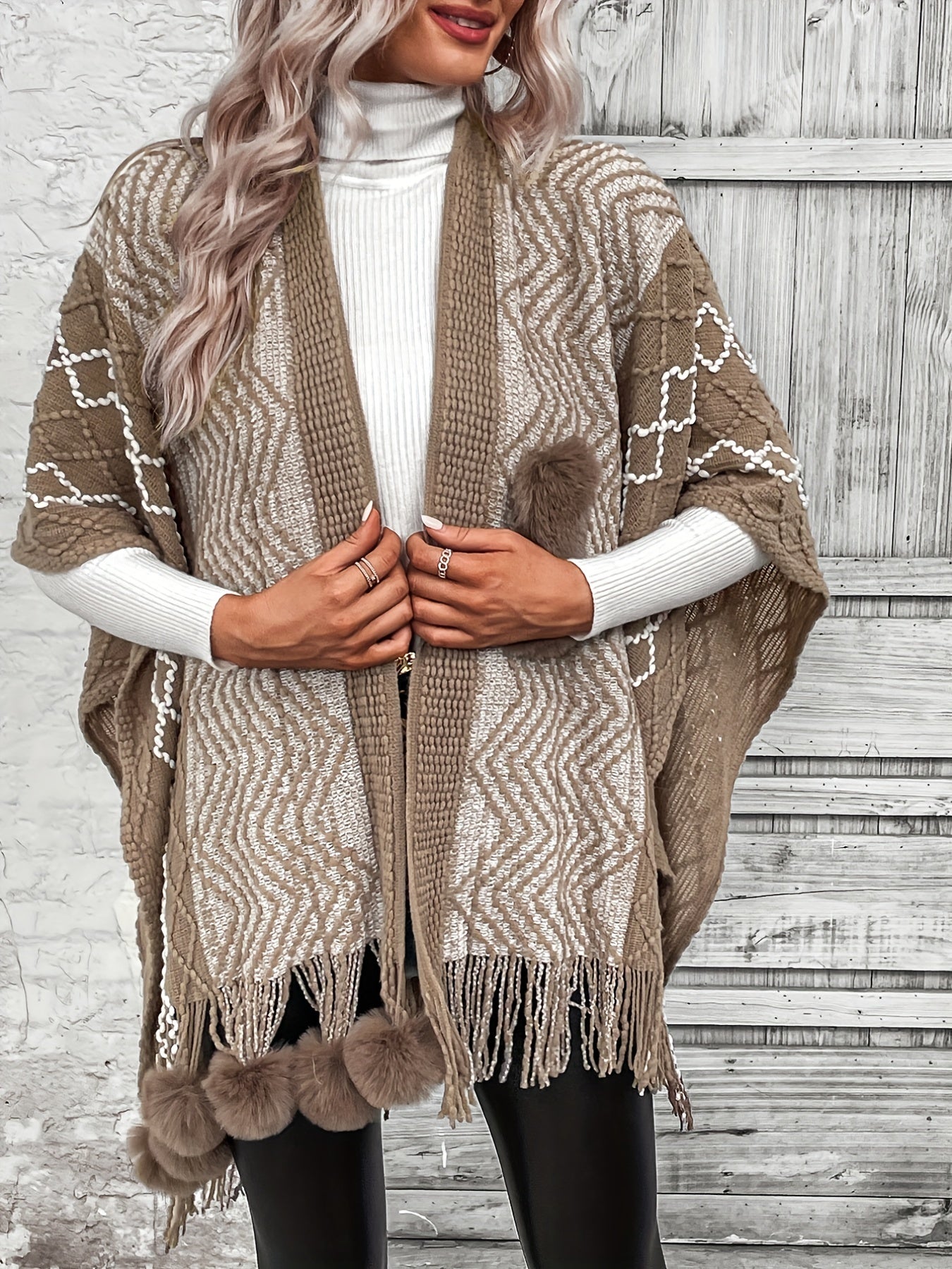 gbolsos Open Front Pom & Fringe Hem Cardigan, Cape Sleeve Cardigan For Spring & Fall, Women's Clothing