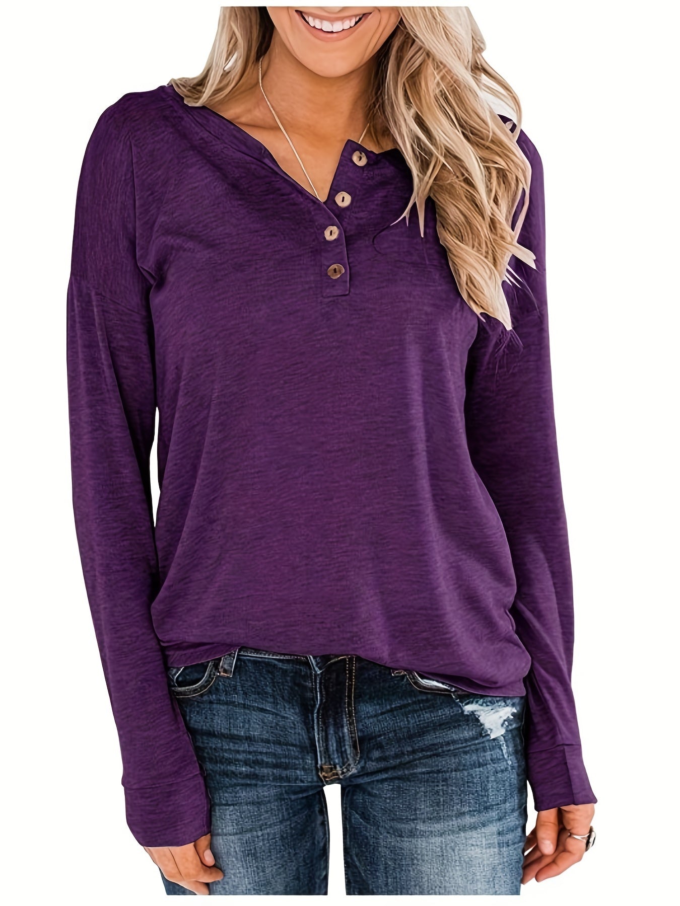 gbolsos Solid Button Down T-shirt, Casual Long Sleeve T-shirt For Spring & Fall, Women's Clothing