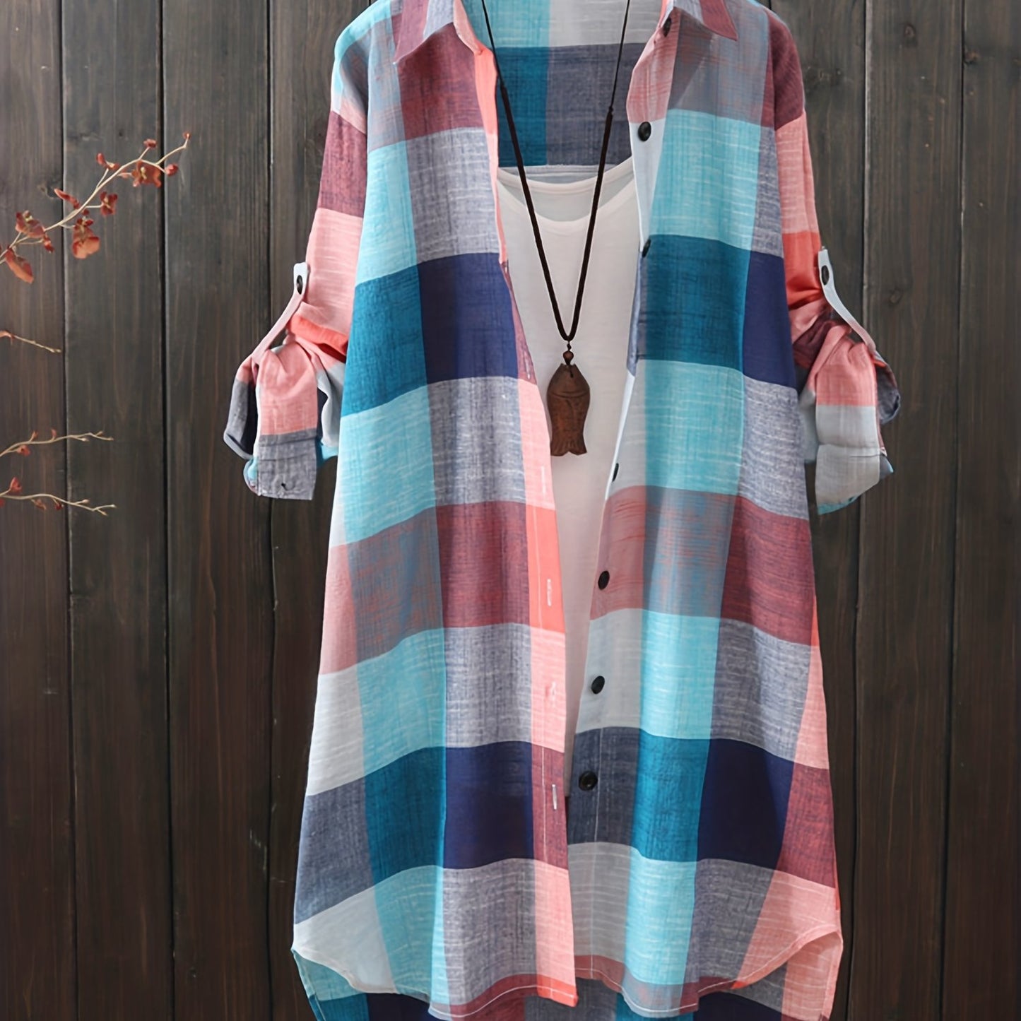 gbolsos Plaid Print Dipped Hem Shirt, Casual Mid Length Button Front Turn Down Collar Long Sleeve Shirt, Women's Clothing