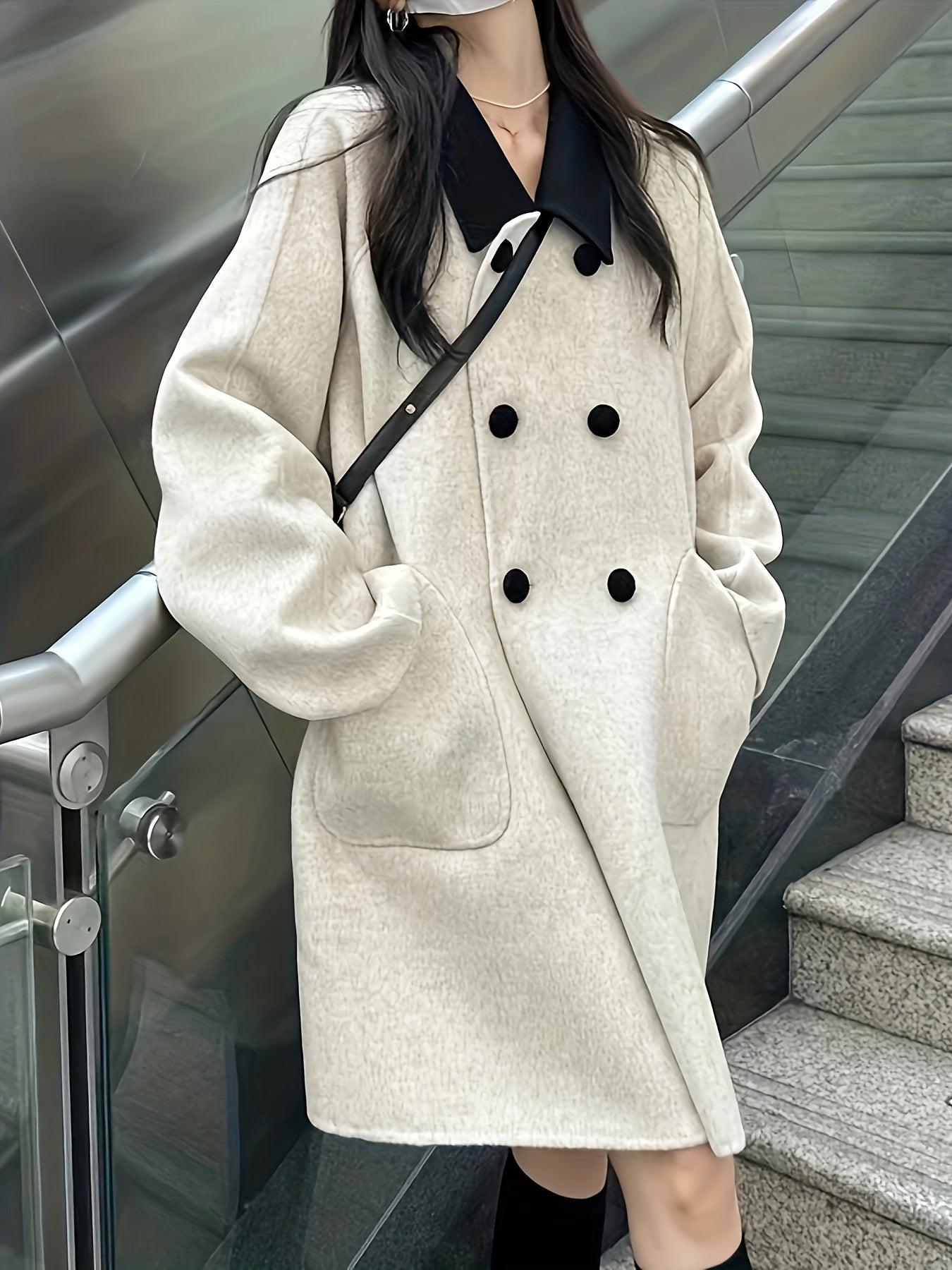 gbolsos Double Breasted Dual Pockets Coat, Long Sleeve Lapel Coat For Fall & Winter, Women's Clothing