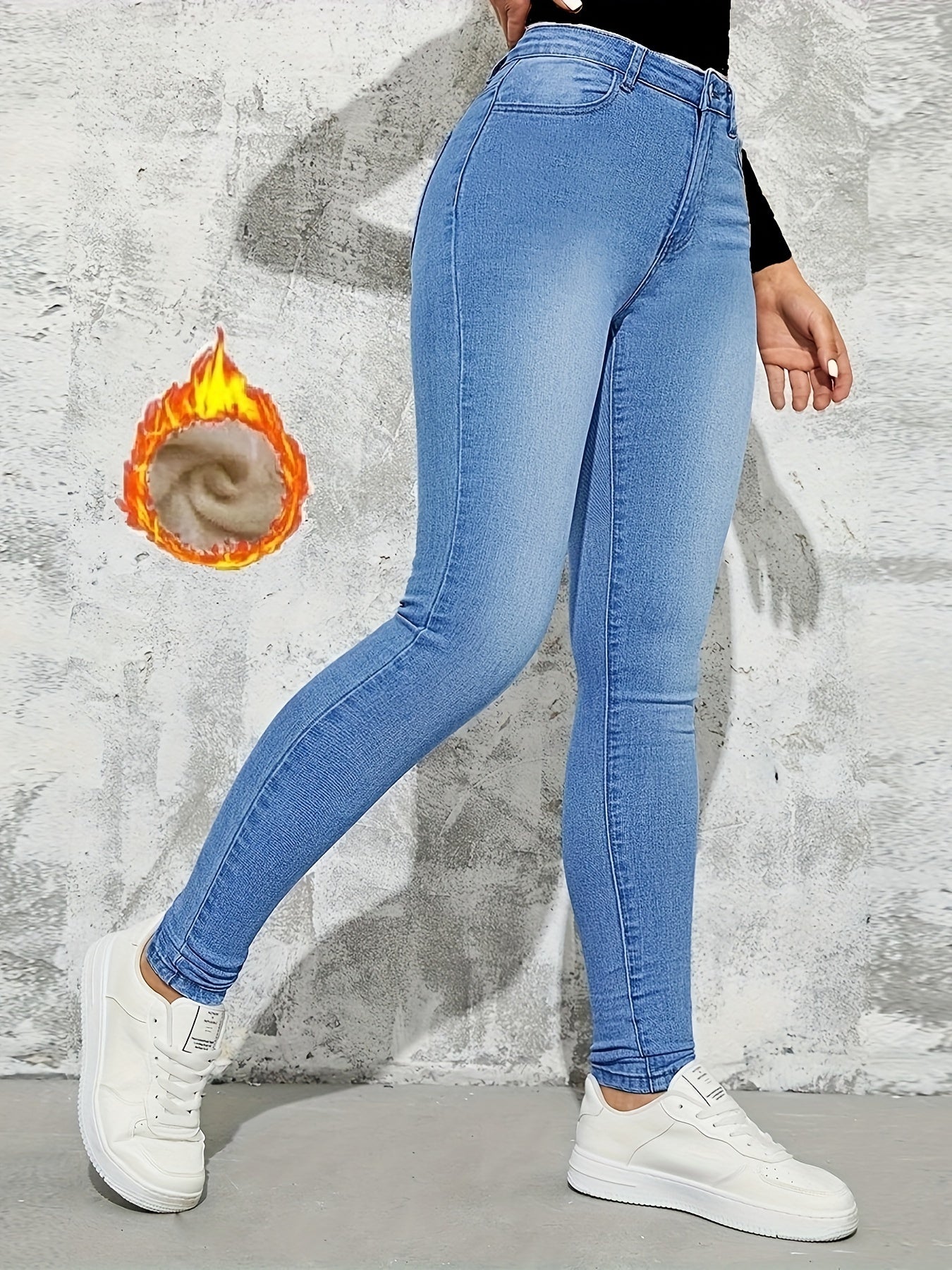 gbolsos Slim Fit Casual Skinny Jeans, Fleece Liner High Stretch Keep Warm Tight Jeans, Women's Denim Jeans & Clothing