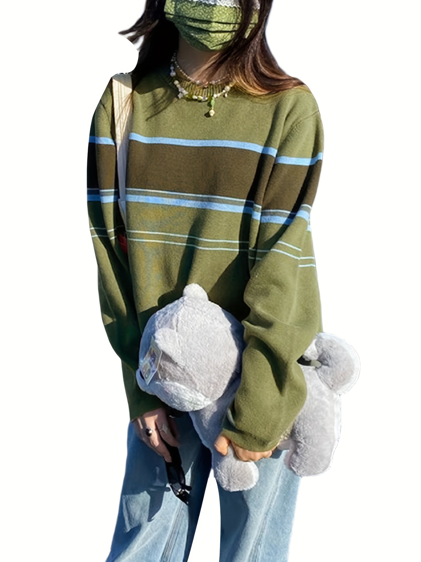 gbolsos Striped Print Knit Sweater, Casual Crew Neck Long Sleeve Sweater, Women's Clothing