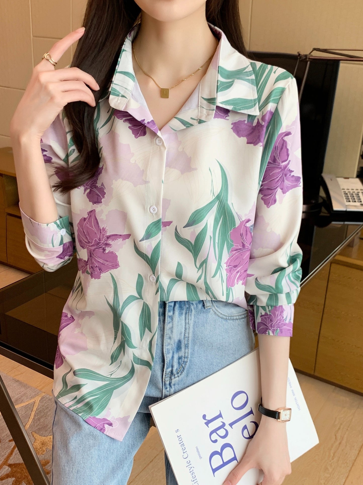 gbolsos Floral Print Polo Collar Button Shirt, Casual Long Sleeve Shirt For Spring & Fall, Women's Clothing