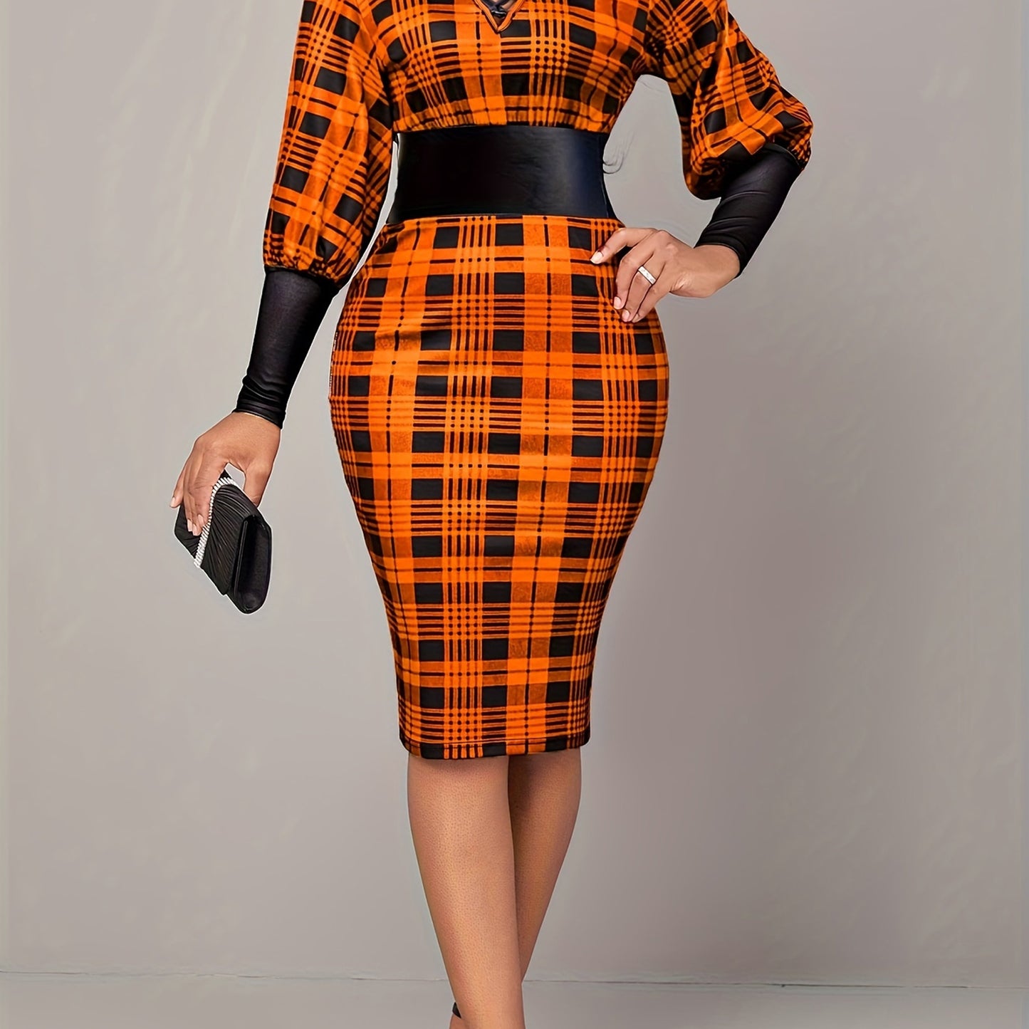 gbolsos Plaid Print Lantern Sleeve Sheath Dress, Casual Crisscross V Neck Cinched Waist Dress, Women's Clothing