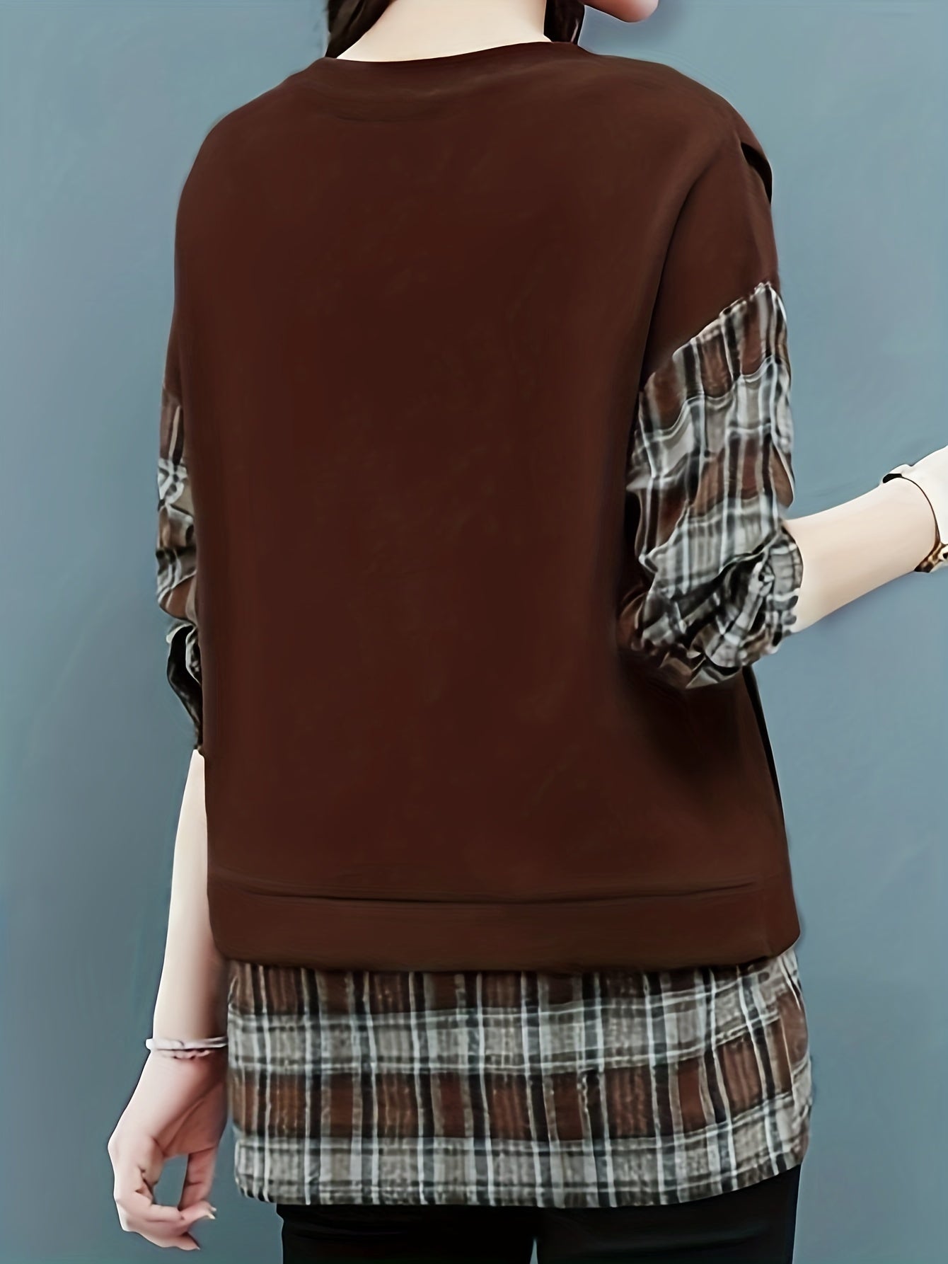 gbolsos Long Sleeve Plaid Pullover, Crew Neck Casual Top For Spring & Fall, Women's Clothing